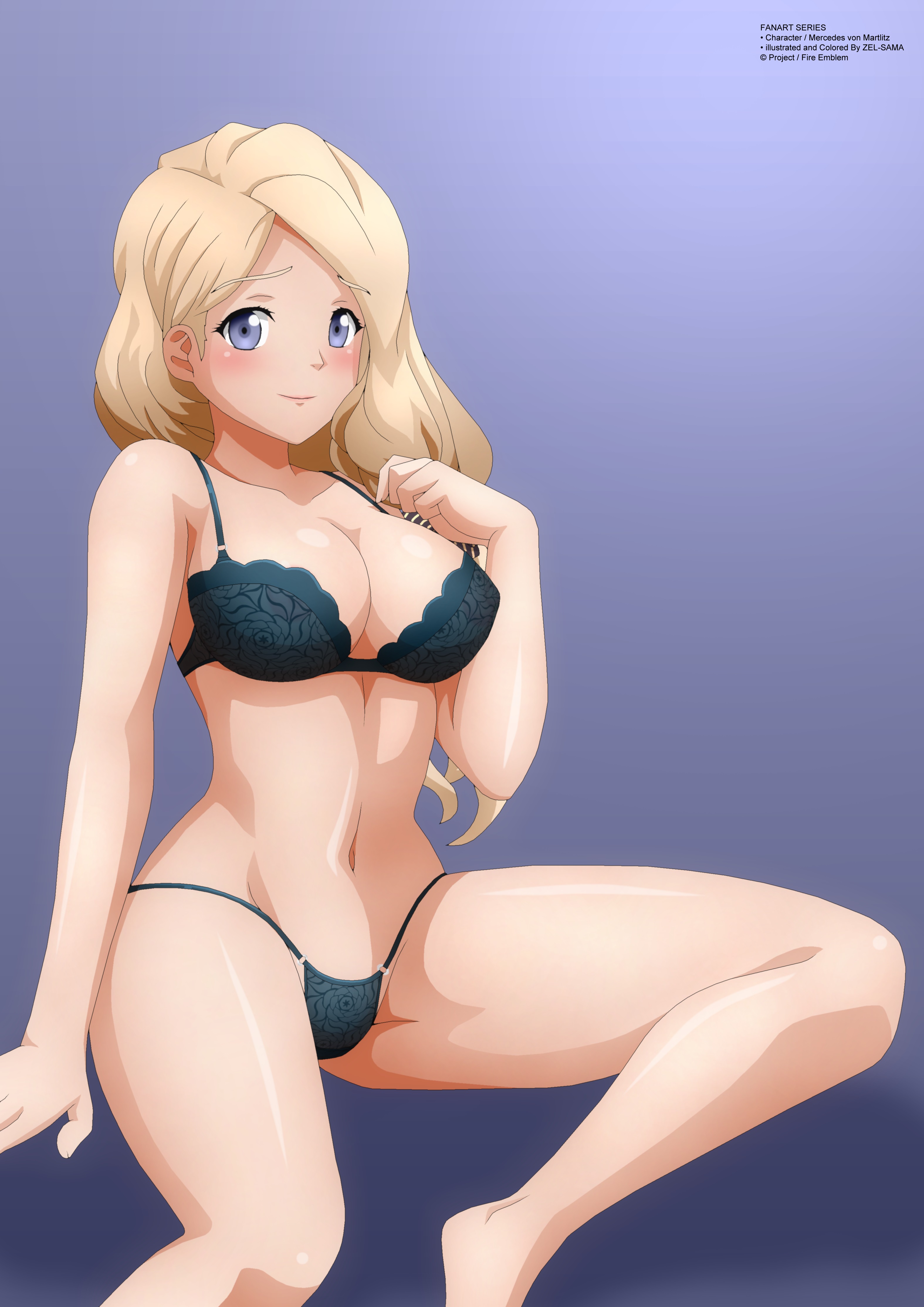 1girls, arm support, black bra, black panties, blonde hair, blush, bra, breasts, cleavage, female, female only, fire emblem, fire emblem: three houses, hair ribbon, human, lingerie, mercedes von martritz, navel, nintendo, panties, sitting, solo, thighs, yukino memories, zel-sama