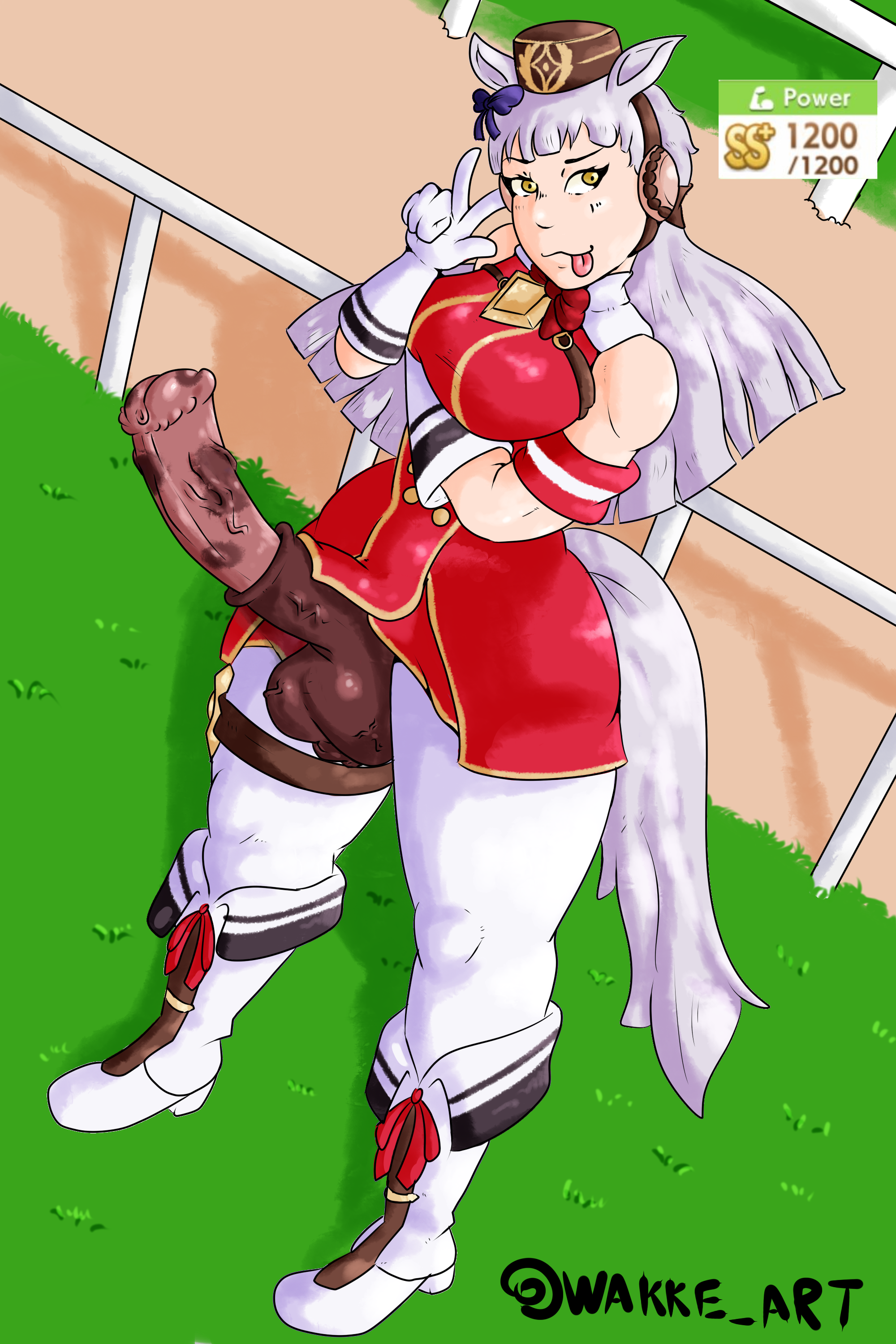 1futa, animal genitalia on humanoid, big penis, big thighs, futanari, gameplay mechanics, gold ship (umamusume), horse penis, horsecock, horsecock futa, horsecock on humanoid, intersex, peace sign, penis, red outfit, thick thighs, umamusume, umamusume pretty derby, wakke, white hair, yellow eyes