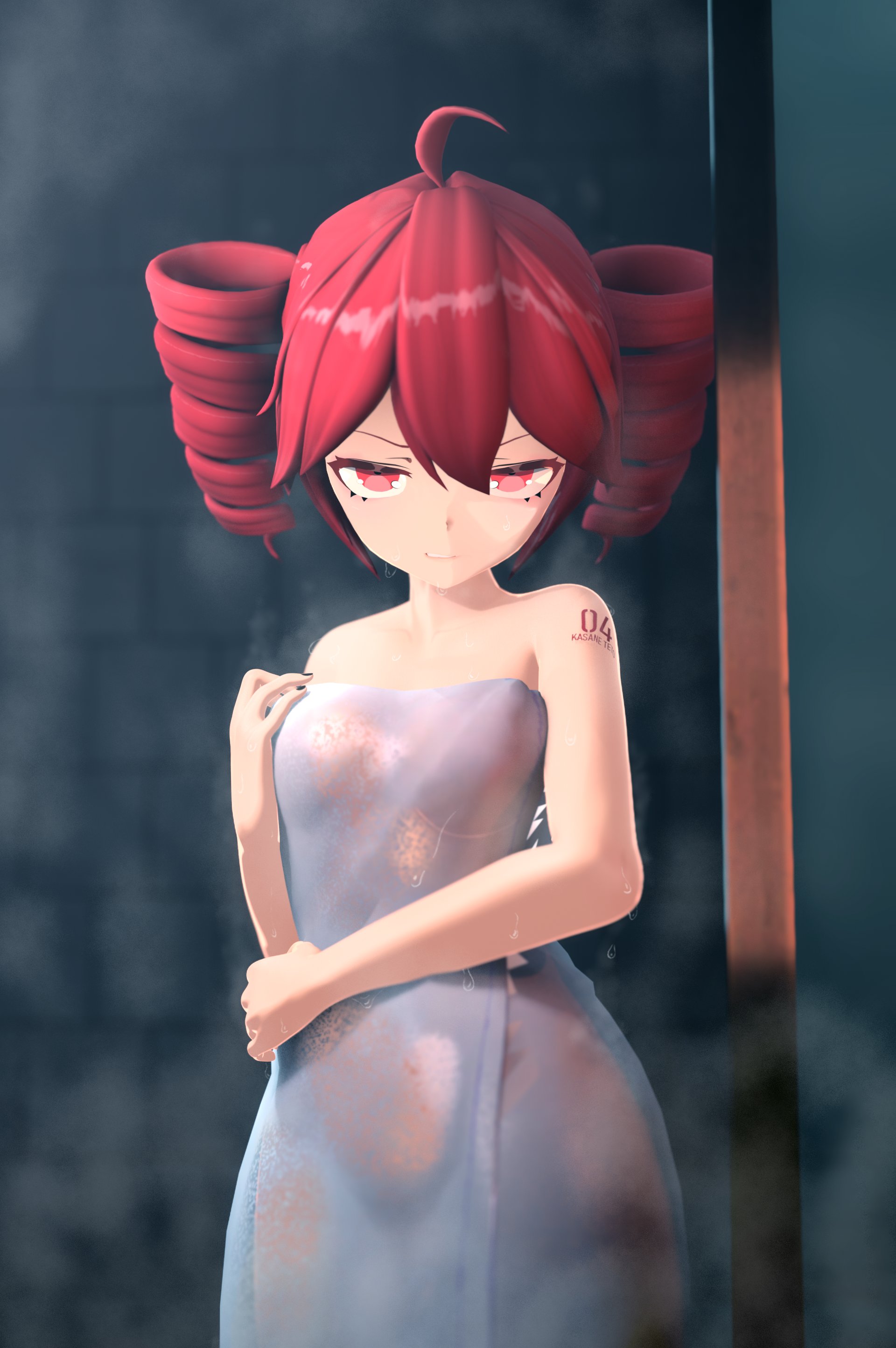 1girls, 3d, ahoge, annoyed, annoyed expression, arm tattoo, bathroom, black nails, breasts, curvaceous, curvy, curvy female, curvy figure, female, female only, kasane teto, looking at viewer, medium breasts, nail polish, painted nails, petite, petite body, petite female, red eyes, red hair, slim waist, solo, solo female, steam, tattoo, towel, towel only, twin drills, utau, wide hips, zoanna