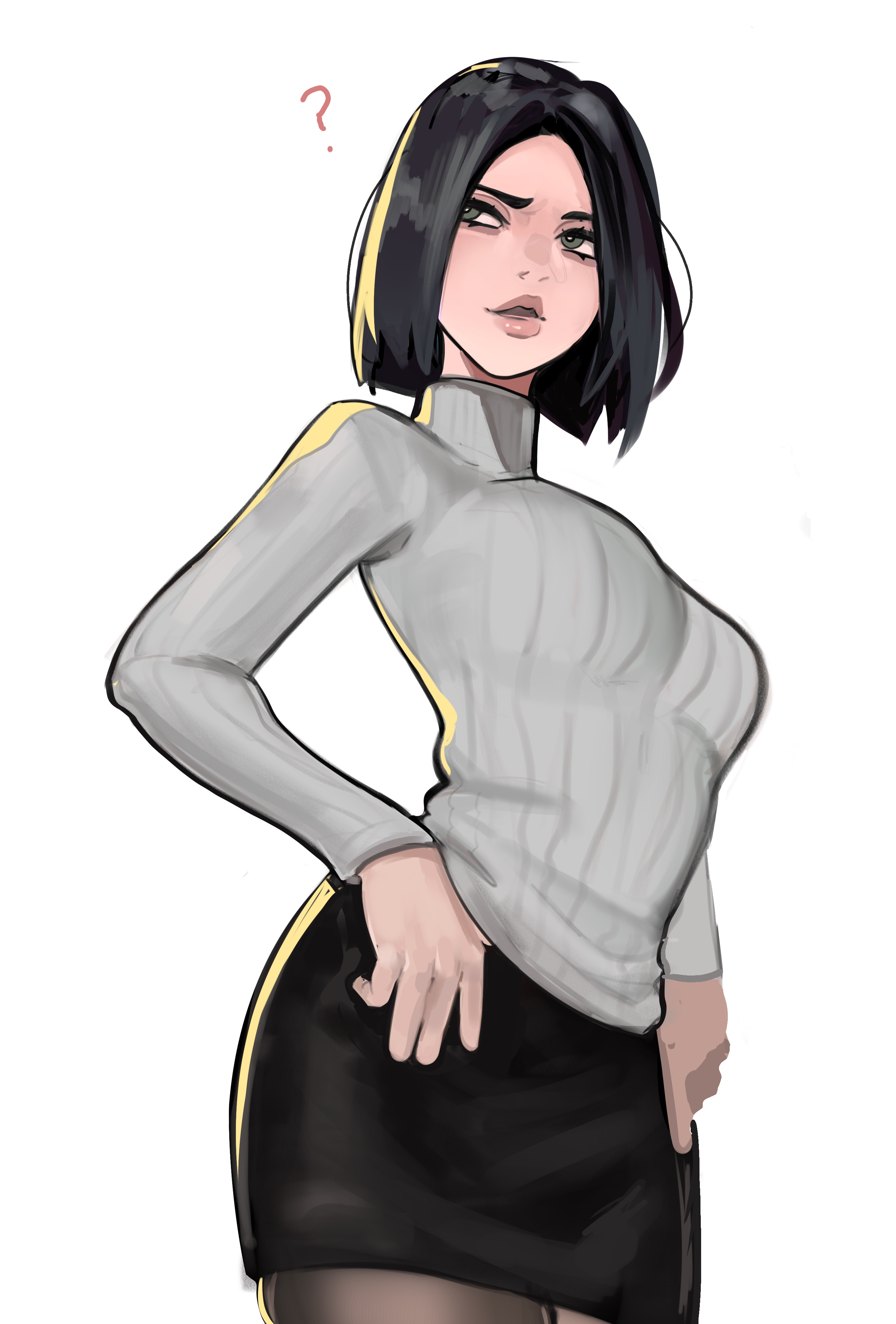 ?, 1girls, 2d, 2d (artwork), black hair, clothed, clothed female, female, female only, green eyes, human, human only, looking away, question mark, sfw, short hair, simple background, solo, solo female, sweater, valorant, vile jp, viper (valorant), white background