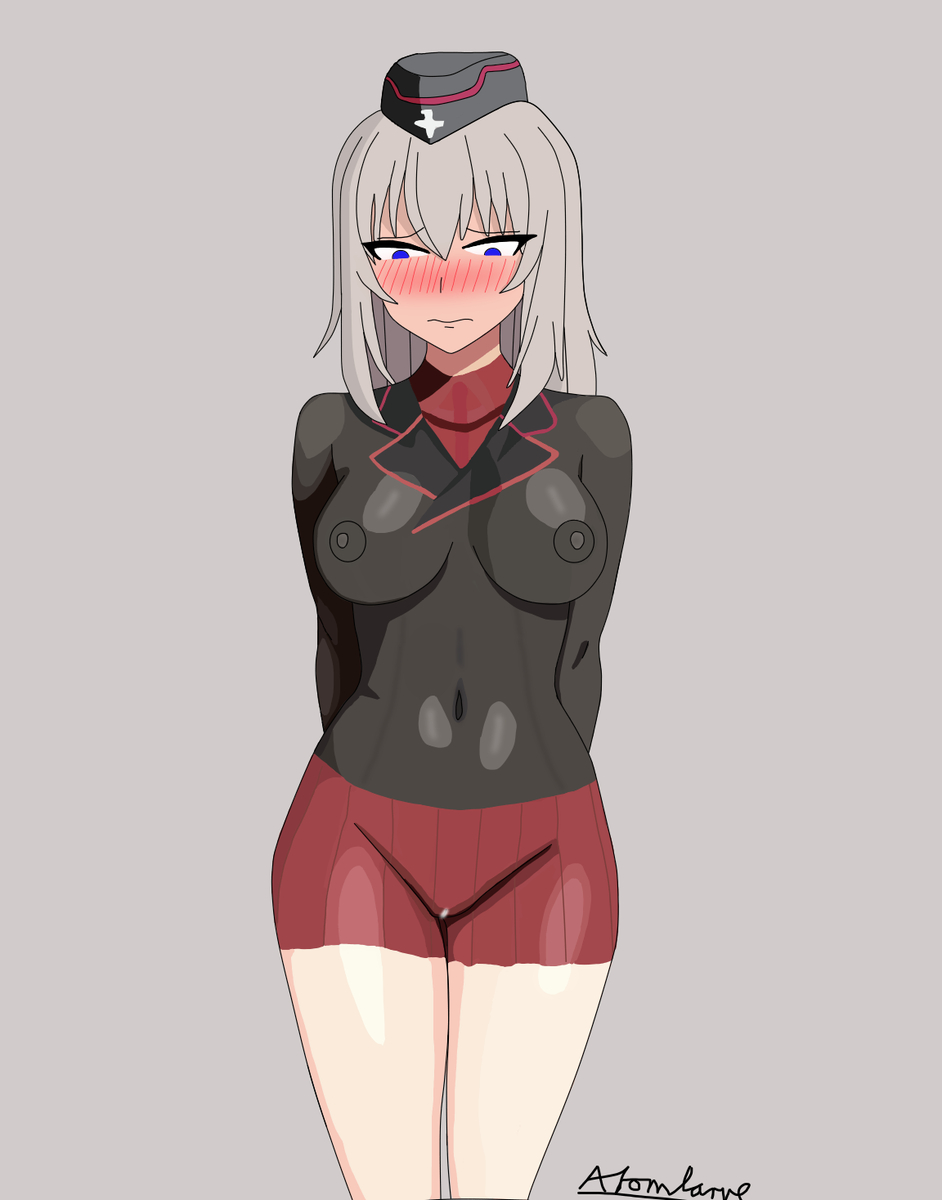 atomlarve, blue eyes, blush, embarrassed, erect nipples under clothes, exhibitionism, girls und panzer, itsumi erika, no bra, nude, painted clothes, schoolgirl