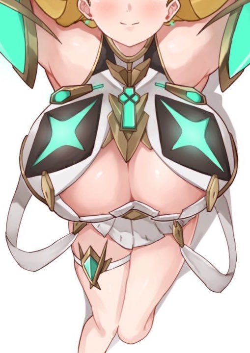 1girls, armor, bare shoulders, big breasts, blonde hair, blush, breasts, cleavage, dress, earrings, elbow gloves, face cutout, female, female only, from above, gloves, jewelry, large breasts, long hair, lying, mythra, mythra (xenoblade), on back, oniisan02b, smile, solo, thigh strap, xenoblade (series), xenoblade chronicles 2, yotsuhauni