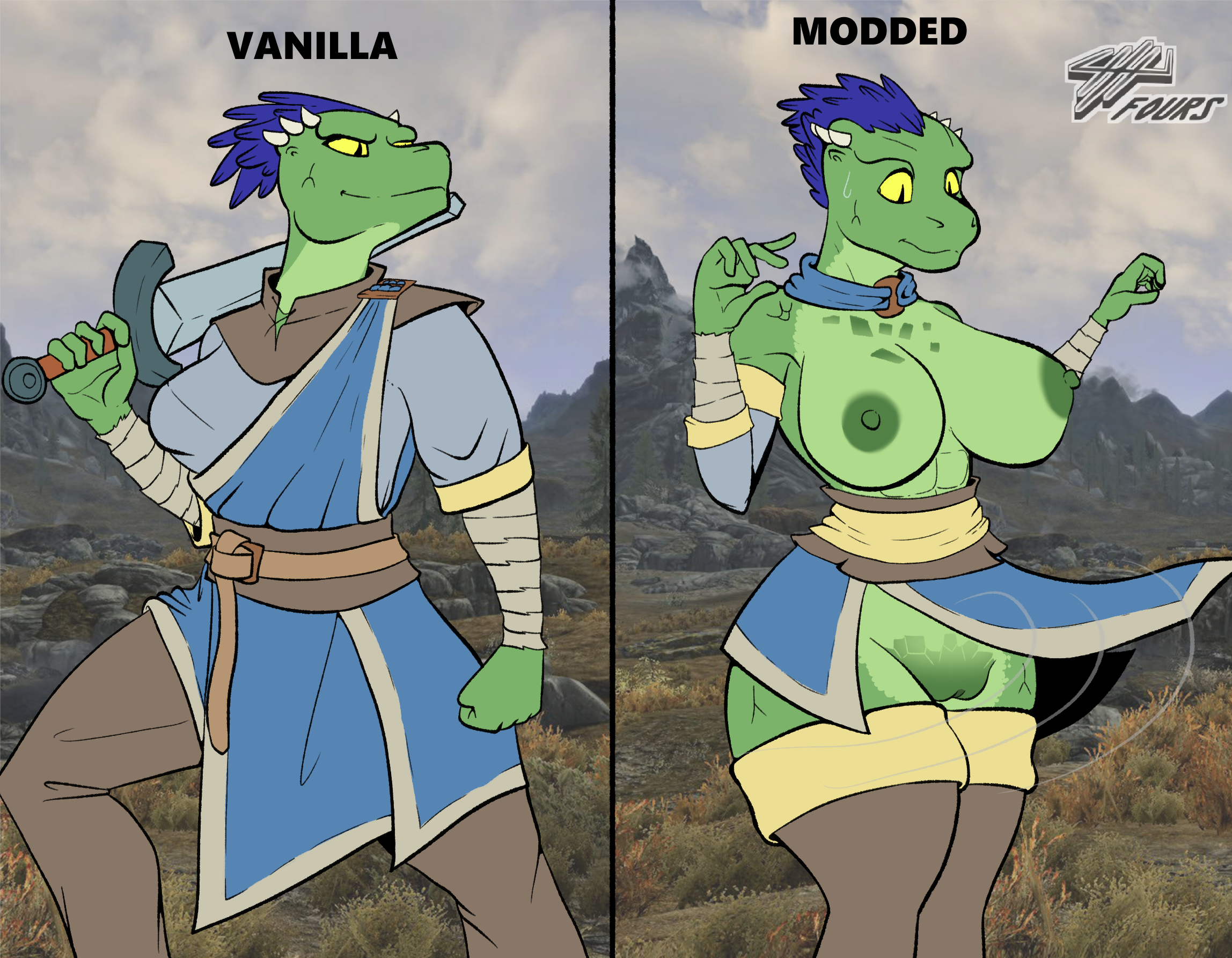 anthro, argonian, bethesda softworks, big breasts, breasts, clothed, clothing, female, fours (artist), hi res, lizard, melee weapon, nipples, pussy, reptile, robe, scalie, skimpy, skyrim, solo, sword, the elder scrolls, video games, weapon