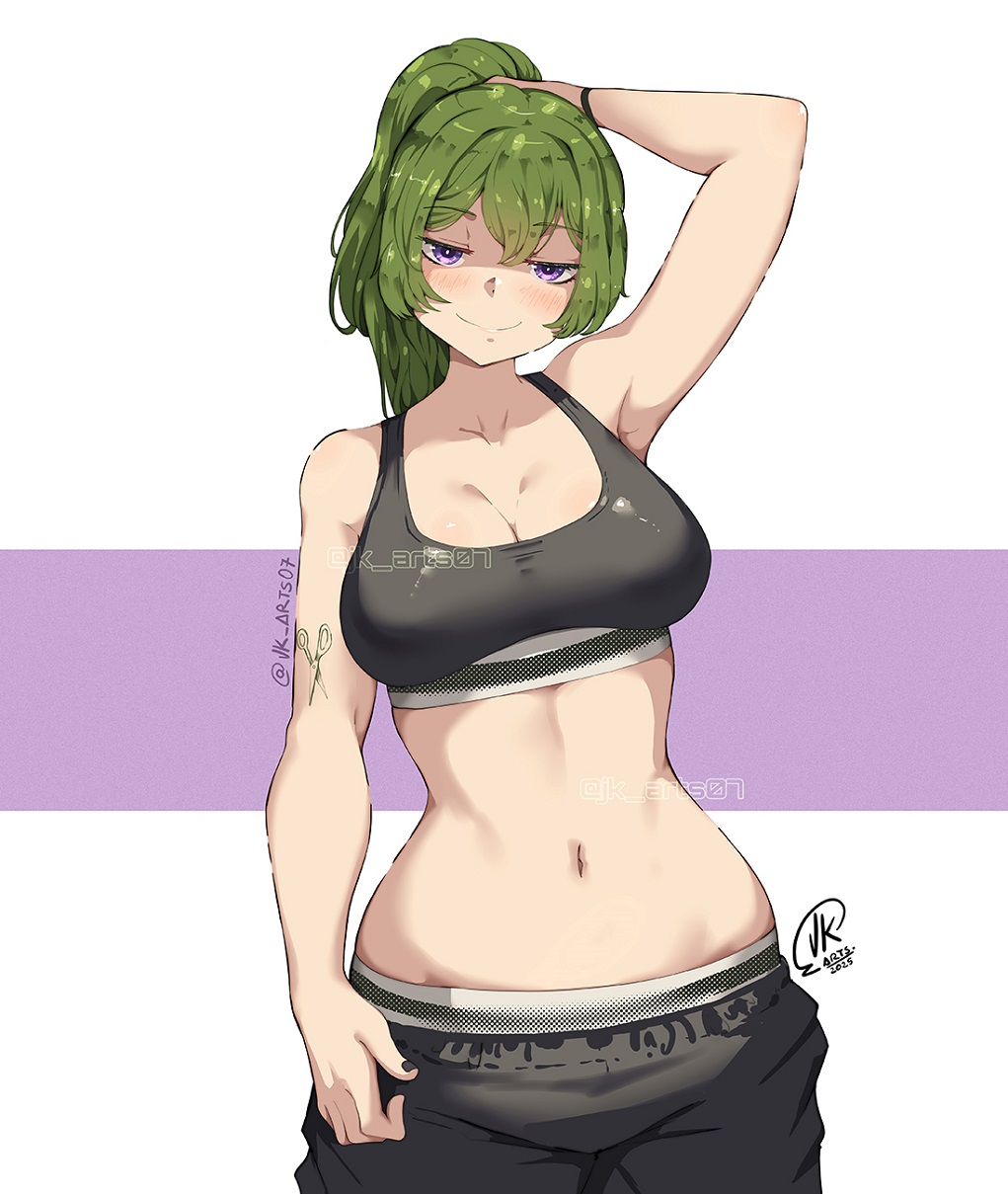 1girls, alternate costume, arm tattoo, arm up, black pants, black sports bra, breasts, cleavage, closed mouth, female, green hair, highres, jk arts07, large breasts, long hair, looking at viewer, navel, pants, ponytail, purple eyes, smile, solo, sousou no frieren, sports bra, sweatpants, tattoo, twitter username, ubel (sousou no frieren), watermark