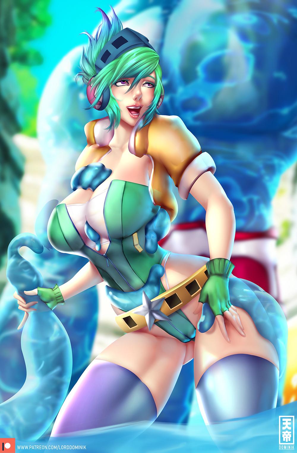 1boy 1girls arcade_riven arcade_series breasts cameltoe female fingerless_gloves gloves goo_creature green_hair large_breasts league_of_legends lord_dominik male pool_party_series pool_party_zac riot_games riven tentacle tentacle_grab zac