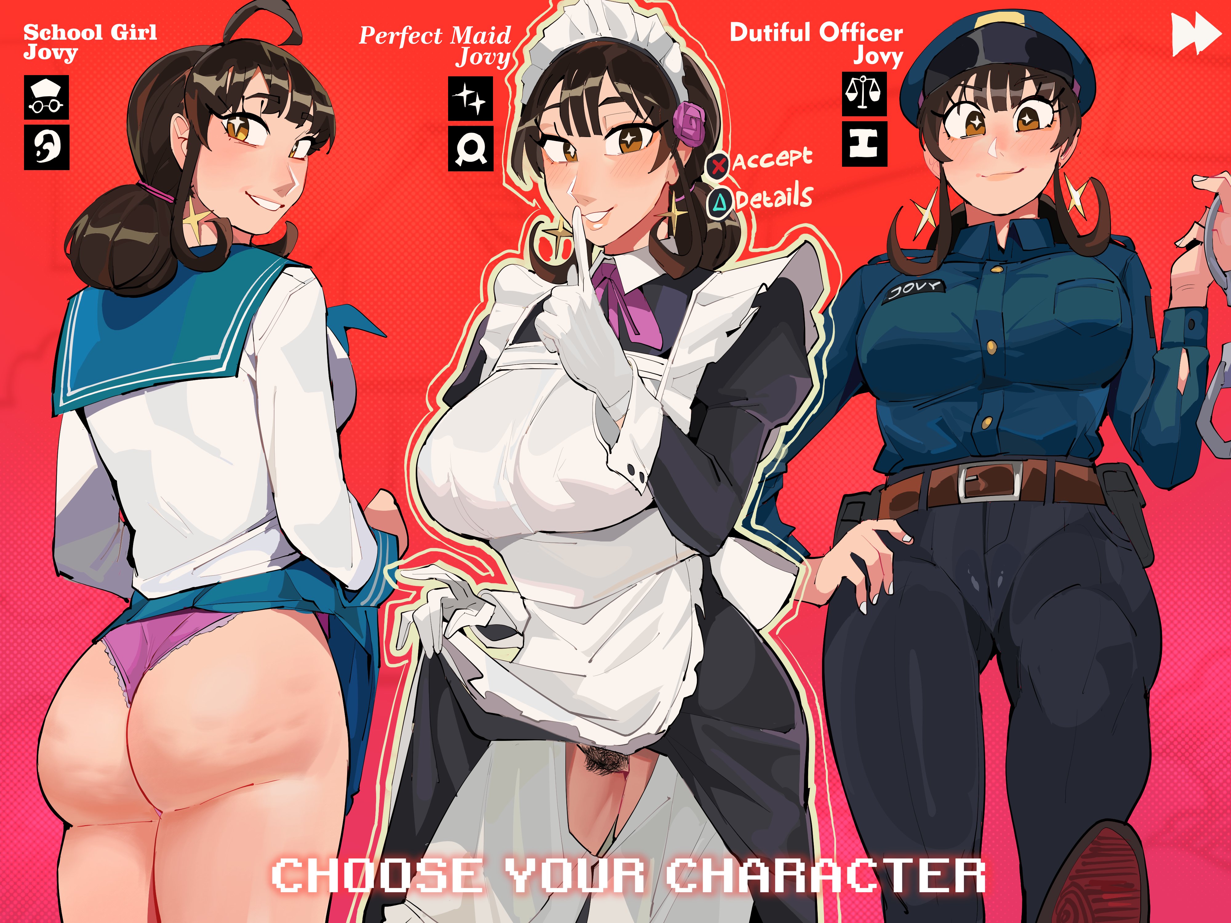 1girls, ahoge, ass, breasts, brown eyes, brown hair, cellulite, crotchless, depravecity (diforland), diforland, dressed young, fat ass, female, female pubic hair, gameplay mechanics, hairy, hairy pussy, jovy milkdust (diforland), large breasts, maid, maid headdress, maid uniform, mature female, milf, no panties, original, panties, police uniform, policewoman, pubic hair, purple panties, pussy, school uniform, shushing, skirt, skirt lift, skirt lifted by self, starry eyes, take your pick, underwear, white gloves