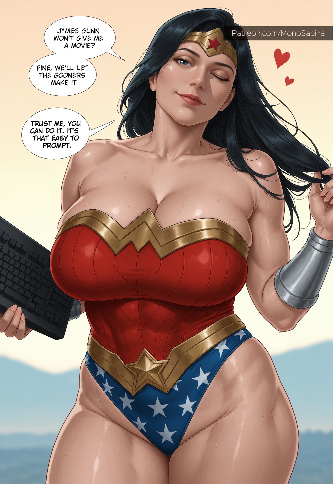 1girls, 2025, ai generated, artist name, big breasts, black hair, blue eyes, bracelet, breasts, comic, comic page, dc, dc comics, dialogue, diana of themyscira, diana prince, english, english text, female, female only, fourth wall, fourth wall broken, heart, hearts, hearts around head, holding, holding object, huge breasts, keyboard, large breasts, leotard, meme, meme reference, monosabina, muscles, muscular female, one eye closed, patreon url, patreon username, princess, simple background, sole female, solo, solo female, speech bubble, sweat, sweatdrop, sweaty, sweaty body, text, thick, thick thighs, tiara, tight clothing, toned, toned female, volumptous, winking, winking at viewer, wonder woman, wonder woman (series)