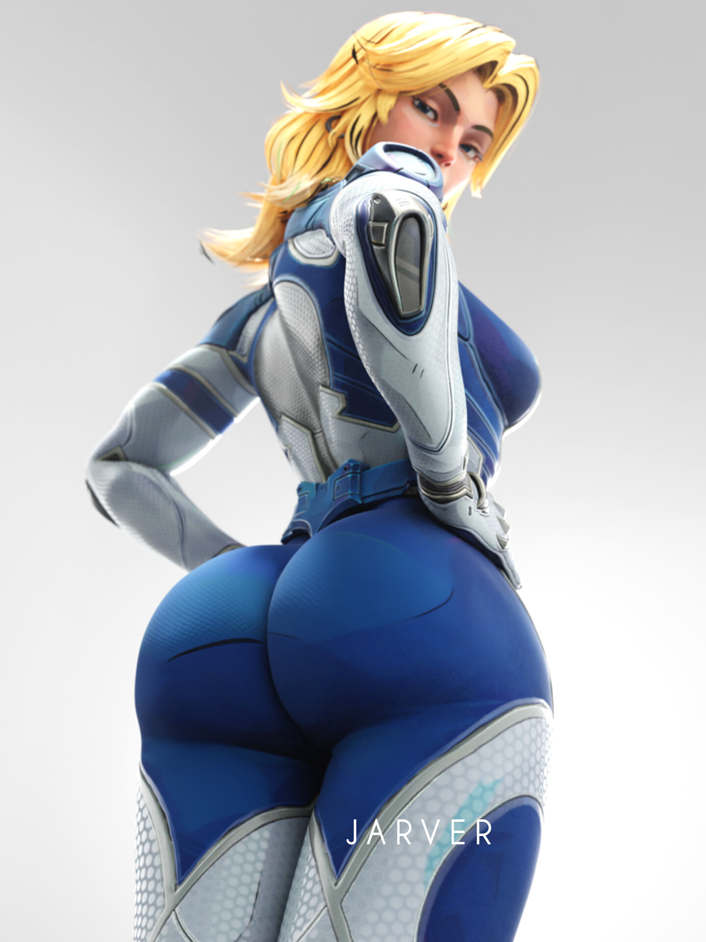 2025, 3d, 3d (artwork), artist name, ass, big ass, big butt, blender, blonde hair, bodysuit, buttocks, clothed, clothed female, fantastic four, female, female only, fully clothed, heroine, invisible woman, invisible woman (marvel rivals), jarver, looking at viewer, looking back, marvel, marvel comics, marvel rivals, photo, questionable, sfw, silver background, simple background, solo, solo female, sue storm, suit, superheroine, thick ass, tight clothing