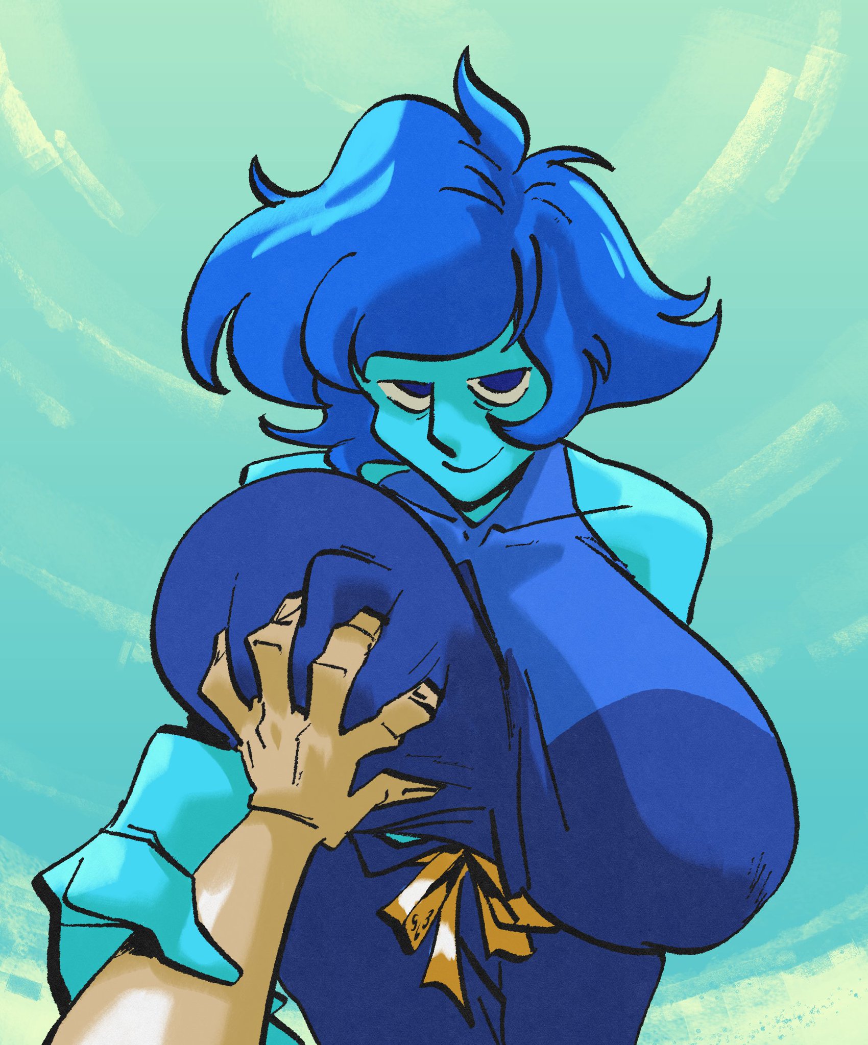 1girls, alternate breast size, aqua skin, blue eyes, blue hair, breast grab, breast lift, breasts, colored skin, commission, covered nipples, female, gem (species), guided breast grab, halter dress, huge breasts, interspecies, lapis lazuli (steven universe), male, male pov, pov, pov hands, slb, sleeveless, steven universe, unaligned breasts