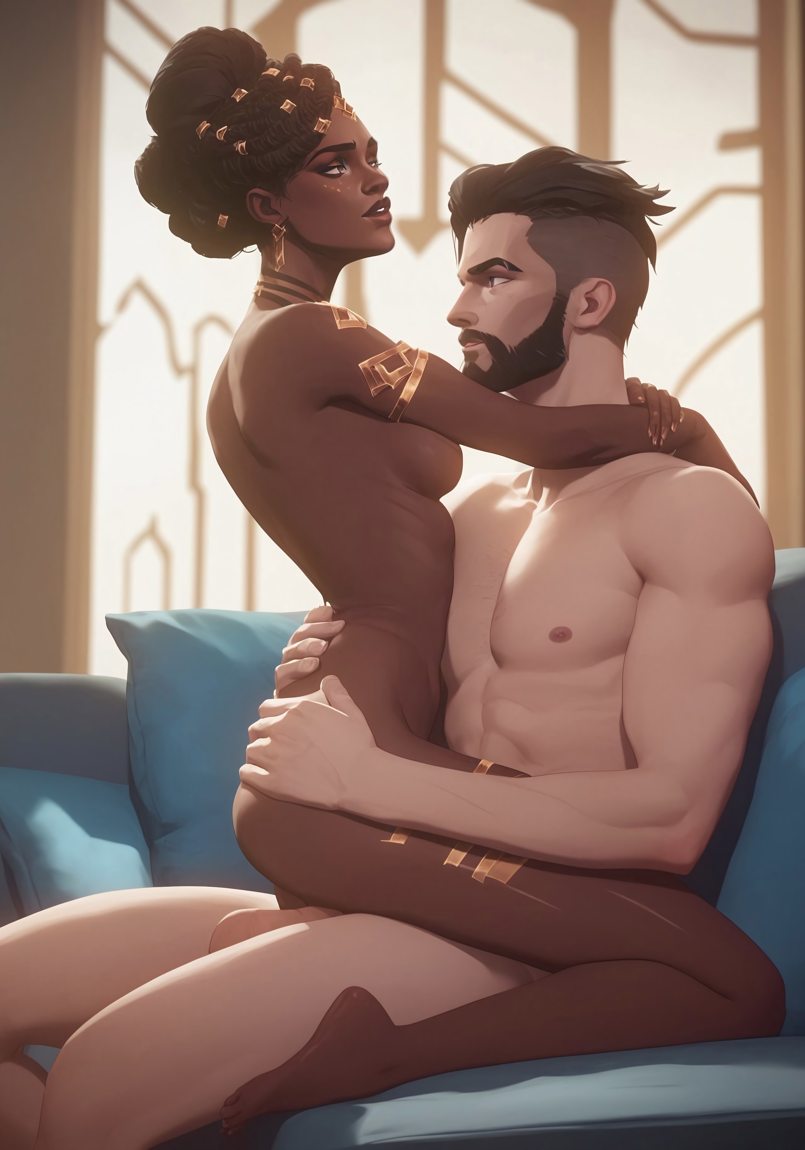 ai generated, arcane, black skin, female, interracial, jayce talis, league of legends, light-skinned male, light-skinned male/dark-skinned female, mel medarda, netflix, nude, sex, sofa, straddling