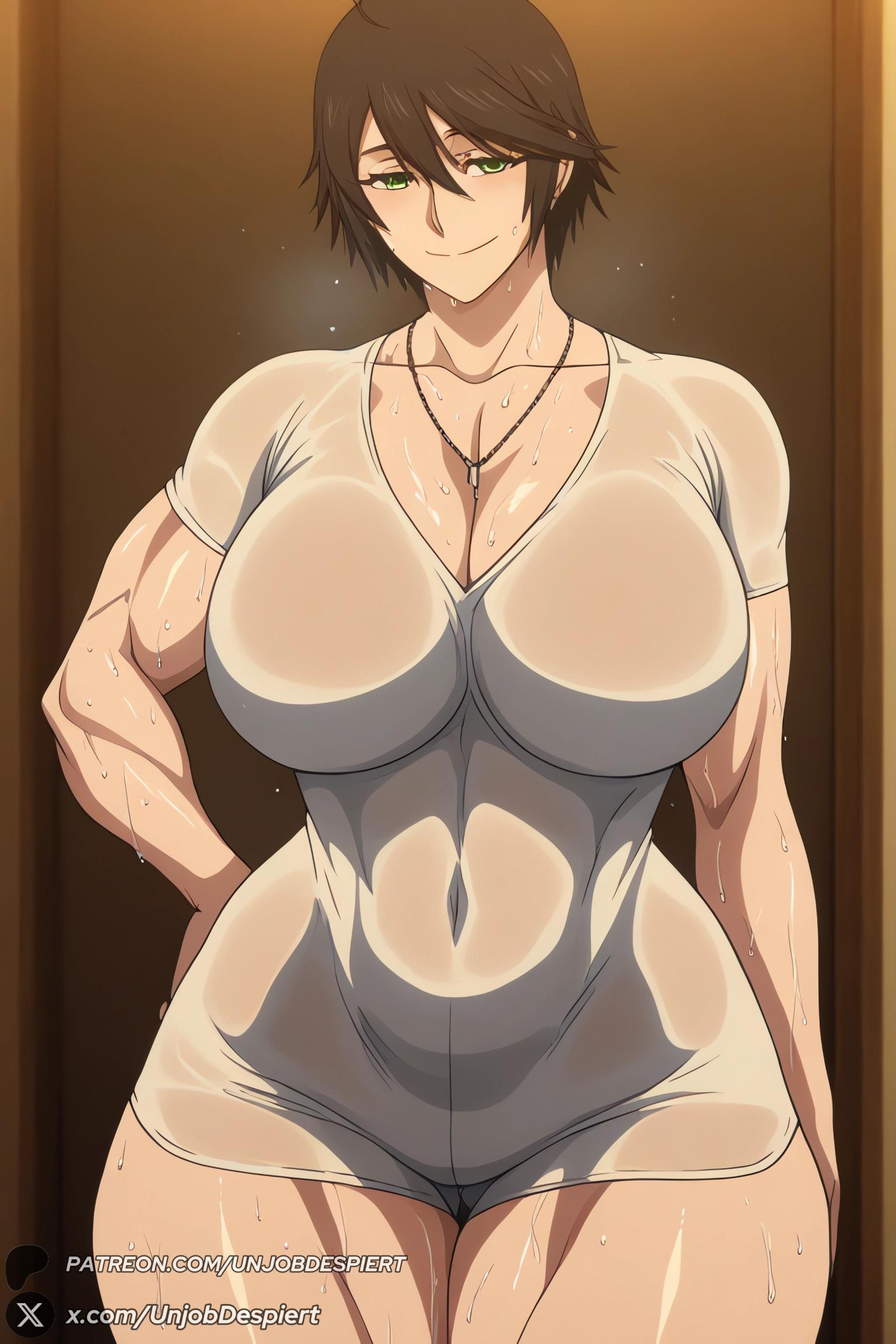 1female, 1girls, 2025, abs, ahoge, ai generated, artist name, big ass, big breasts, breasts, brown hair, chiquita, cleavage, collarbone, covered navel, curvy, female, female only, green eyes, hair between eyes, hand on hip, hi res, high quality, high resolution, highres, huge ass, huge breasts, jewelry, jormungand, large breasts, looking at viewer, muscular, muscular female, necklace, patreon, patreon username, see-through, shirt, short hair, smile, solo, sweat, t-shirt, thick thighs, thighs, unjobdespiert, watermark, wet, wet clothes, white shirt