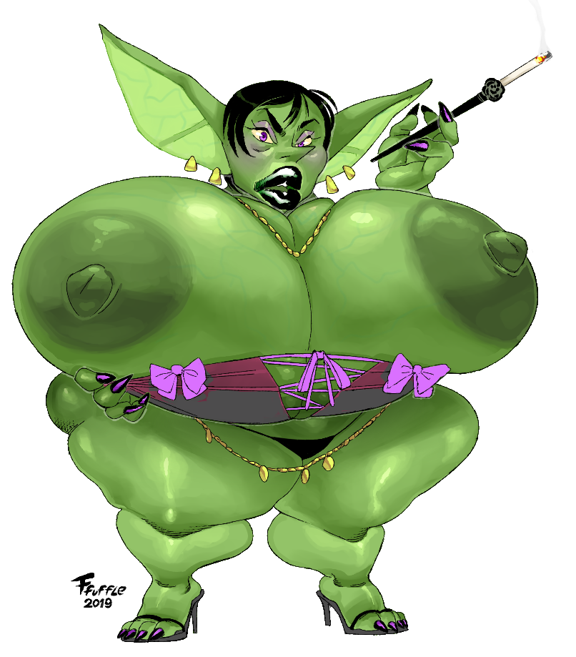 bustier fat fatfoxlower female ffuffle gigantic_breasts goblin goblin_female green_skin high_heels lips original sharp_fingernails shortstack thick_thighs thong veiny_breasts