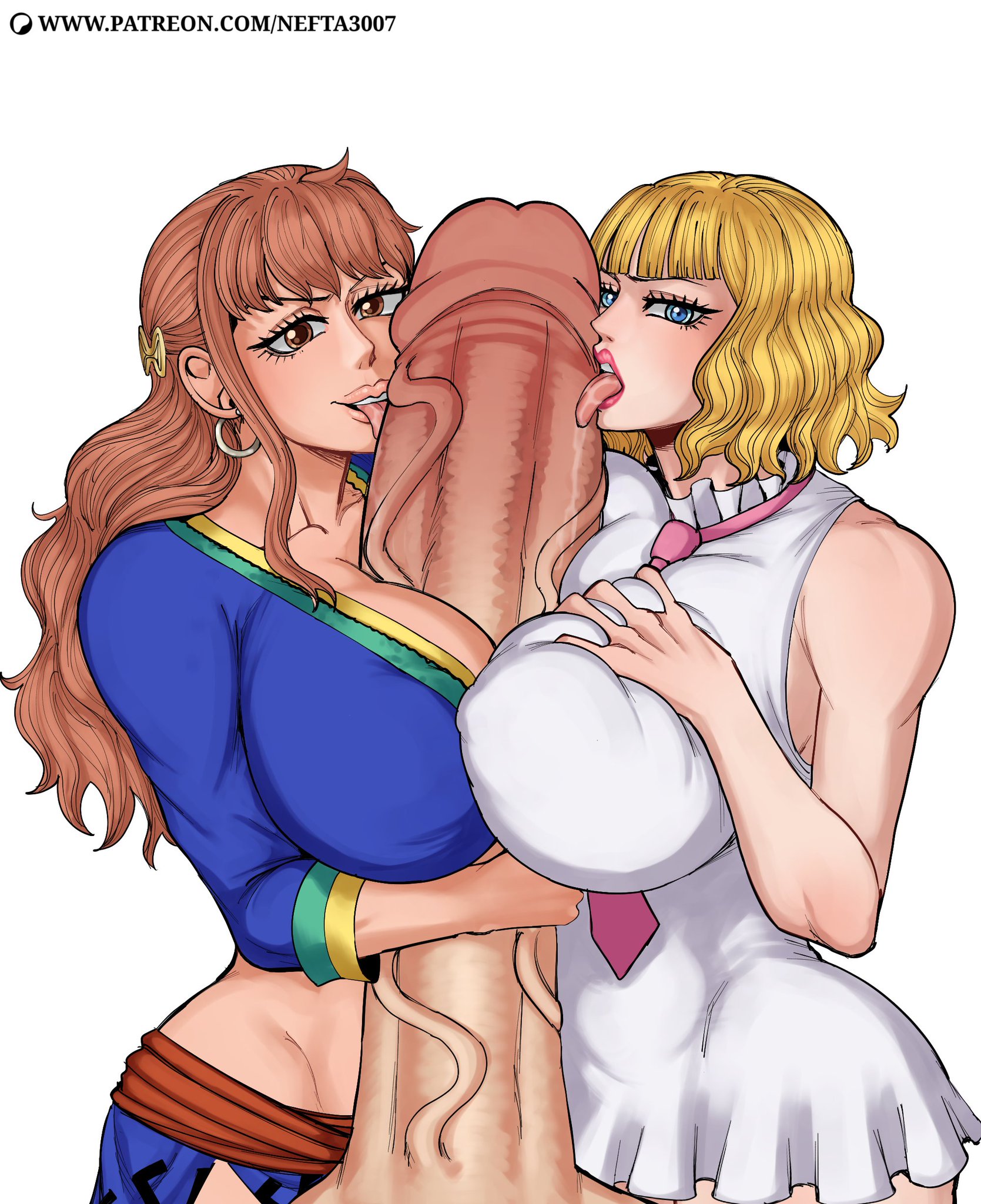 1boy, 2girls, bare arms, bare shoulders, big breasts, big penis, blonde hair, blue eyes, breasts, buckingham stussy, color, female, gigantic penis, gloriosa (one piece), hi res, huge cock, large breasts, licking, licking penis, light skin, light-skinned female, long hair, looking at viewer, male, male/female, massive breasts, massive penis, monkey d luffy, nefta3007, one piece, partial male, penis, pink hair, short hair, shounen jump, stussy (one piece), tagme, thick thighs, tongue, tongue out, veiny penis