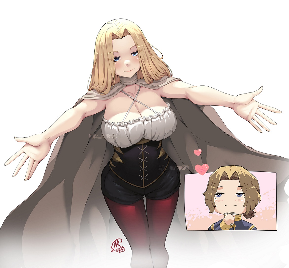 1boy, 1girls, 2025, 2d, 2d (artwork), beard stubble, black corset, black shorts, blonde hair, blue eyes, breasts, brown cloak, brown hair, cleavage, cloak, corset, facial hair, female, hourglass figure, hug invitation, jk arts07, large breasts, light-skinned female, long hair, male, mature female, methode (sousou no frieren), outstretched arms, pantyhose, questionable, red pantyhose, sein (sousou no frieren), sfw, shorts, simple background, slim waist, smile, solo focus, sousou no frieren, stubble, white background, wide hips