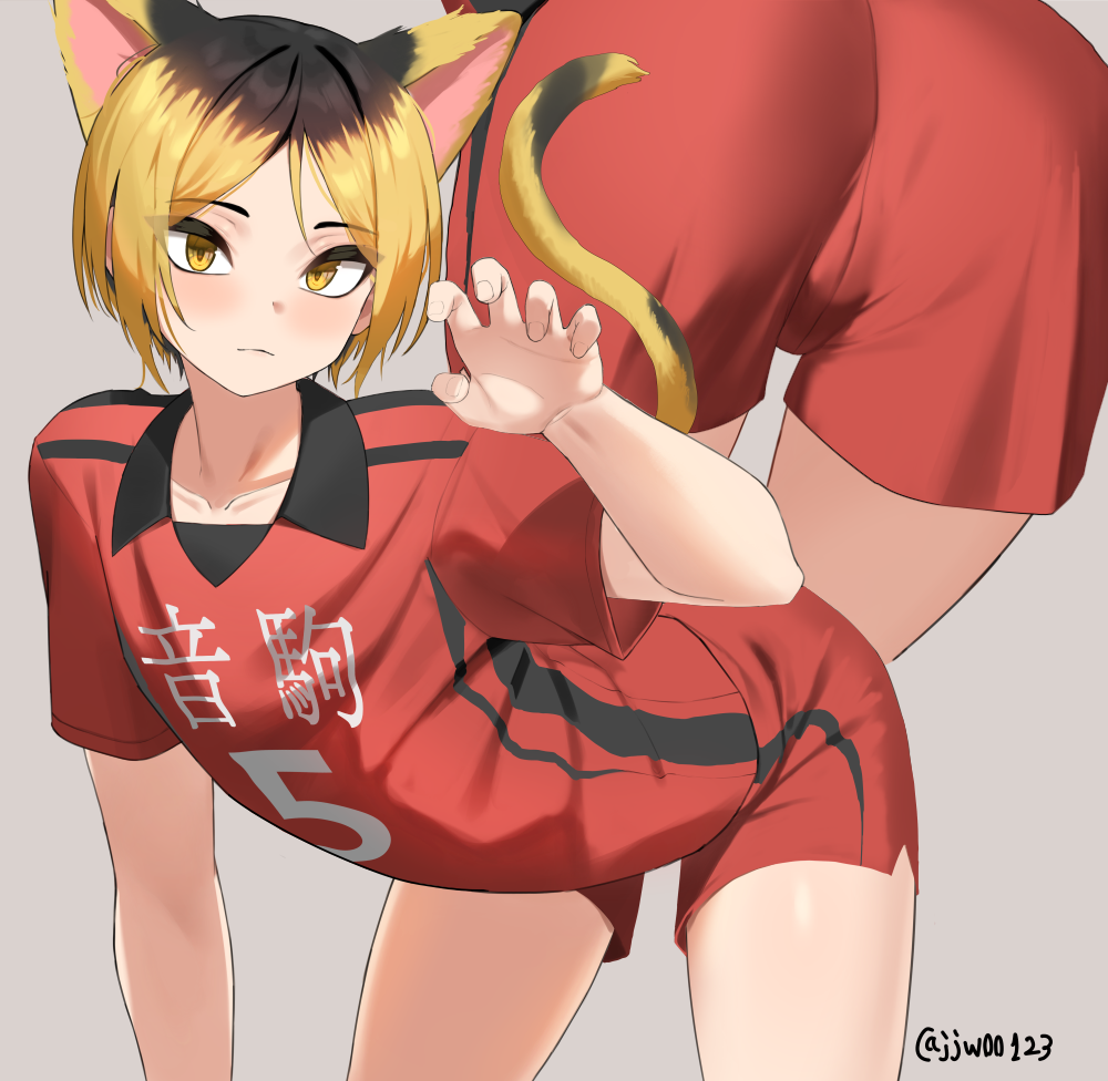 1boy, animal ears, artist name, ass, ass focus, black hair, blonde hair, cat boy, cat ears, cat tail, clothes writing, g1 (artist), g1 (jjw00123), haikyuu!!, jjw00123, kenma kozume, male, male focus, male only, multicolored hair, pants, red pants, red shirt, red shorts, shirt, short sleeves, shorts, solo, solo focus, solo male, sportswear, tail, twitter username, volleyball uniform, young, young male