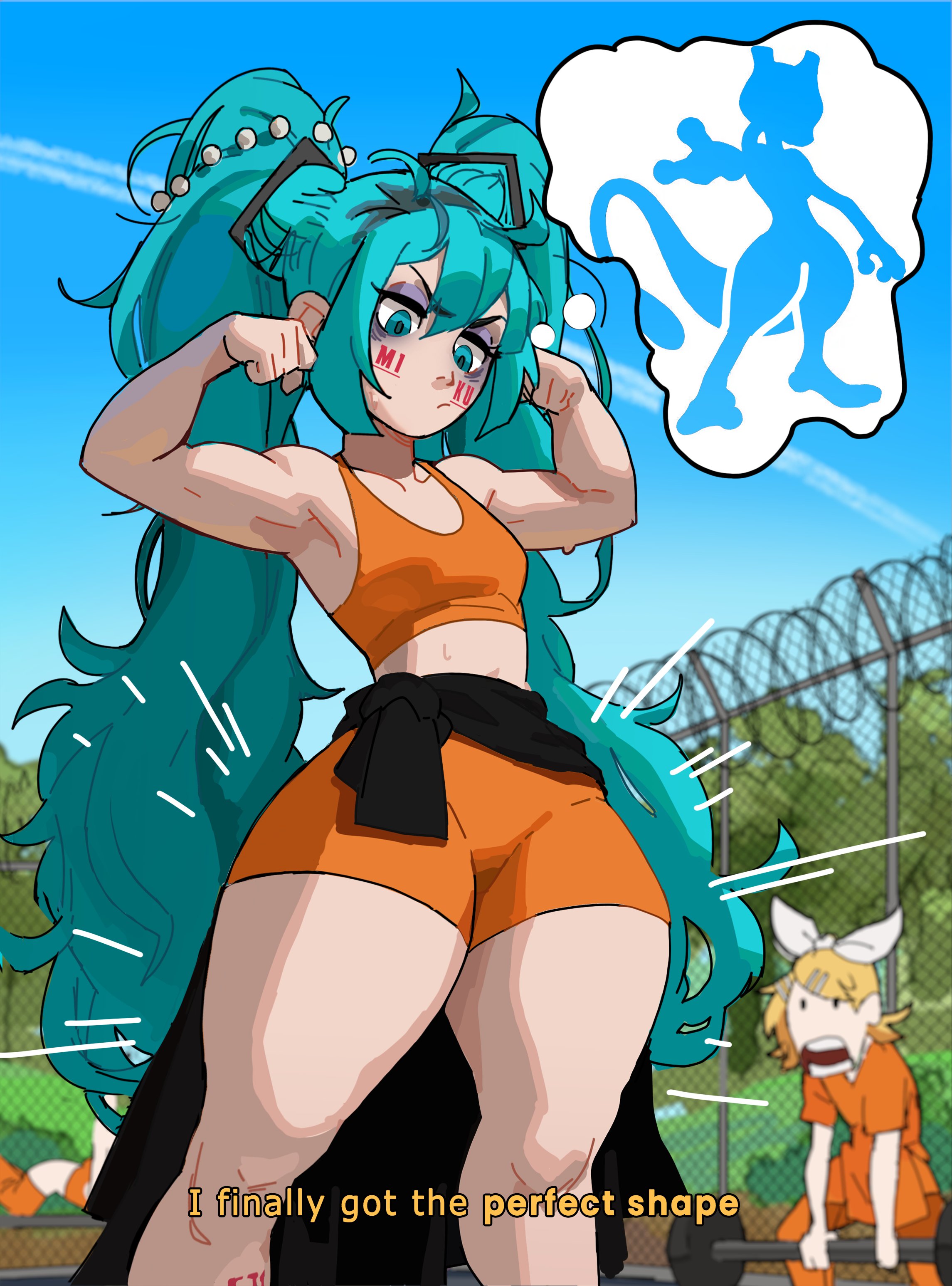 2d, 2d (artwork), 2girls, aqua eyes, aqua hair, athletic, athletic female, biceps, blonde female, blonde hair, blonde-haired female, blue hair, blue hair female, blue sky, bow, clothes around waist, day, english text, exercise, eyeshadow, female, fence, hair bow, hair ornament, hairclip, hatsune miku, kagamine rin, kolumiart, leg focus, light skin, light-skinned female, long hair, makeup, multiple girls, muscular, muscular female, orange shirt, orange shorts, outdoors, satisfied, satisfied female, satisfied look, shocked, shocked expression, short hair, shorts, sky, sports bra, sportswear, thick thighs, thighs, toned, toned female, twintails, very long hair, vocaloid, white bow