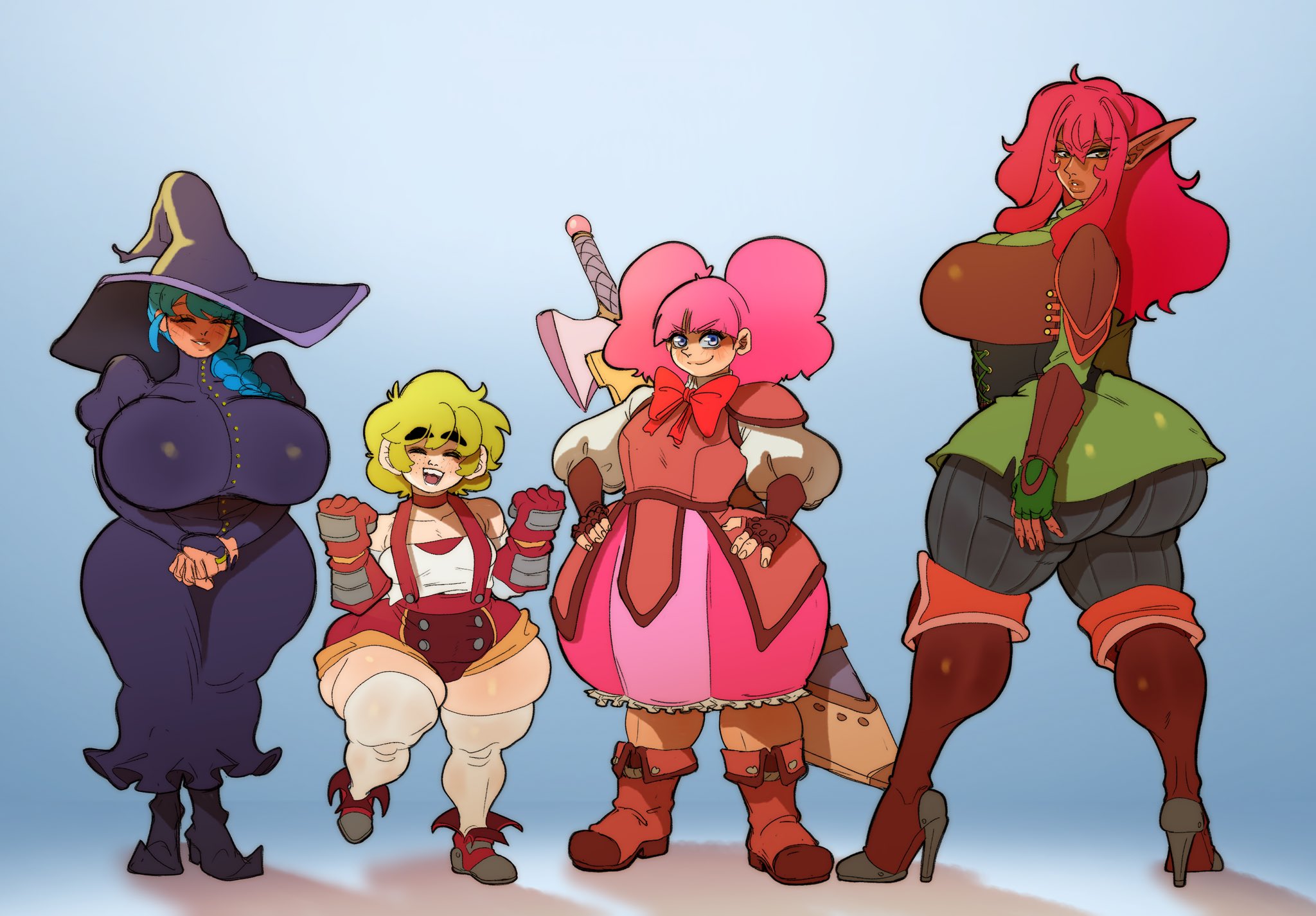 4girls, alternate breast size, alternate breast size (larger), blonde hair, blue hair, boots, braided ponytail, breasts, brown boots, dress, female, full body, green shirt, hands on hips, high guardian spice, high heel boots, high heels, huge ass, huge breasts, nattonsfw, parsley (high guardian spice), pink hair, pointy ears, puffy sleeves, purple dress, rosemary (high guardian spice), sage (high guardian spice), sheathed, short hair, shortstack, simple background, standing, sword, thick thighs, thigh boots, thyme (high guardian spice), twintails, witch hat