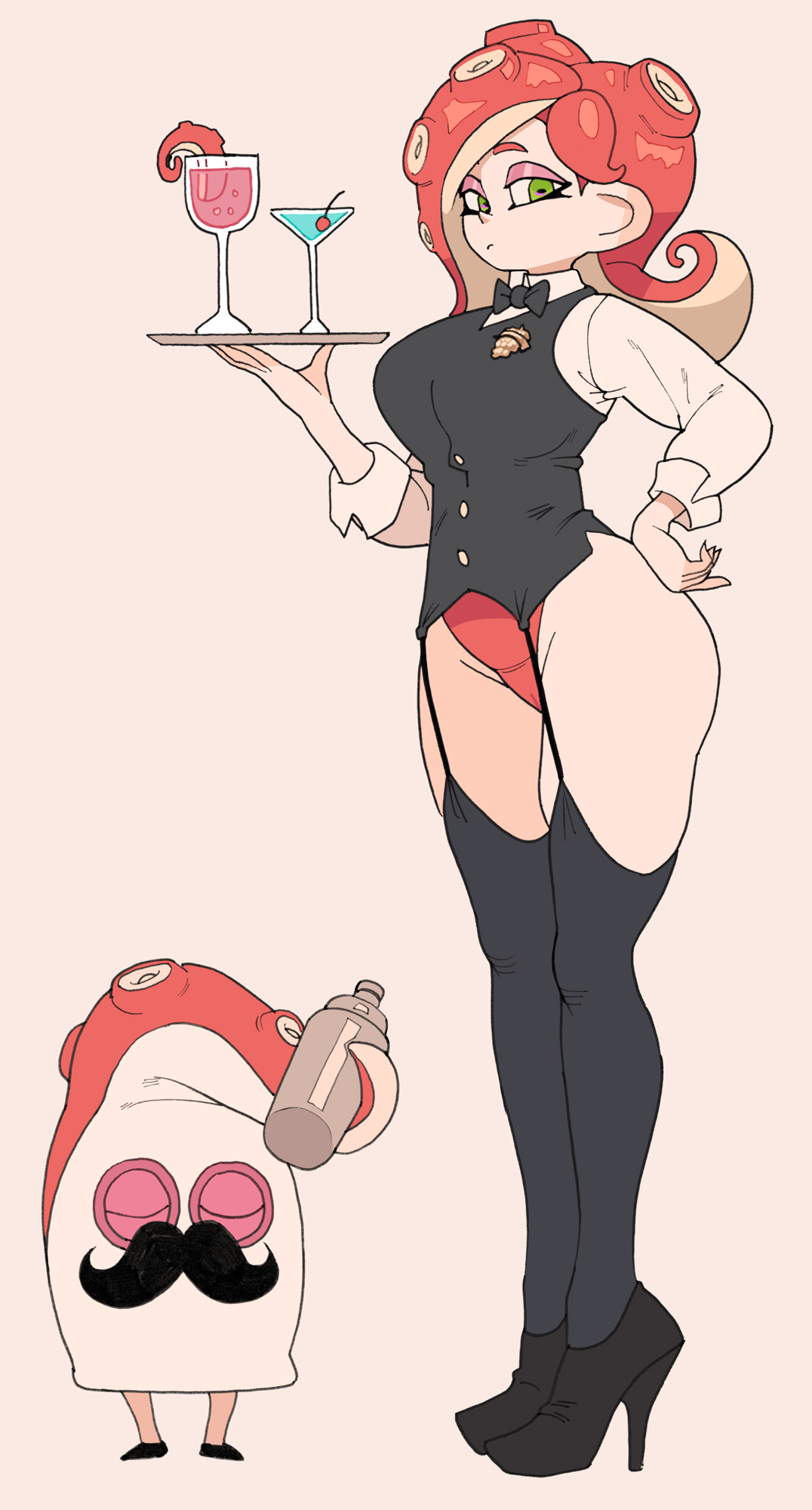 1girls, ass, big breasts, breasts, cleavage, female, garterstraps, green eyes, horny, huge breasts, kneeling, long ears, long hair, looking at viewer, nintendo, octoling, octoling girl, red hair, simple background, splatoon, splatoon (series), splatoon 2, tentacle hair, thick thighs, thighhighs, waitress, yuta agc