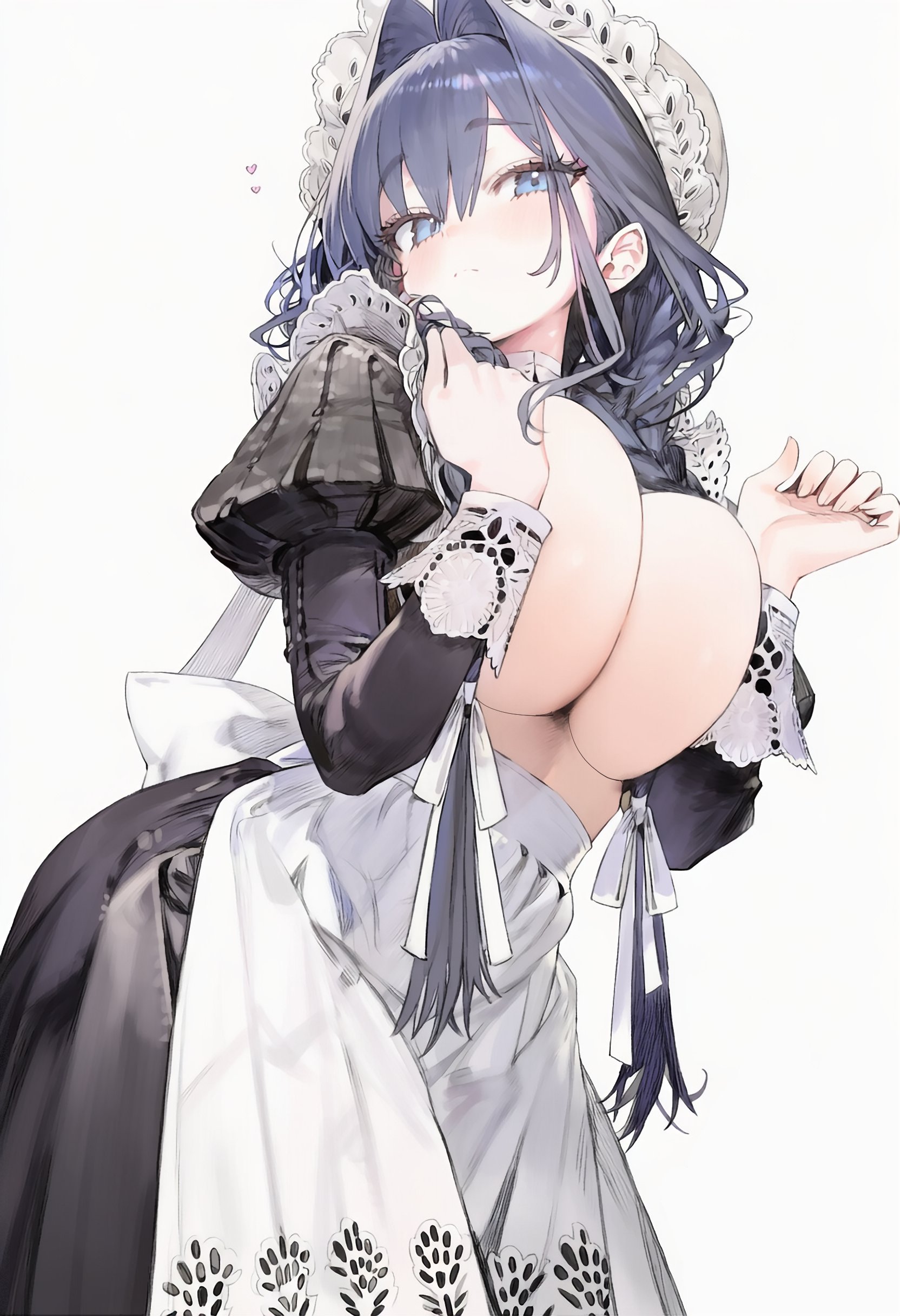 1girls, ai generated, big breasts, blue eyes, blue hair, blush, breast press, breasts, bubu2kufo, clothed, clothing, female, female only, heart, hi res, hololive, hololive english, hololive english -council-, hololive english -promise-, light skin, light-skinned female, looking at viewer, looking down, maid, maid headdress, maid uniform, ouro kronii, ouro kronii (maid), simple background, solo, virtual youtuber, white background