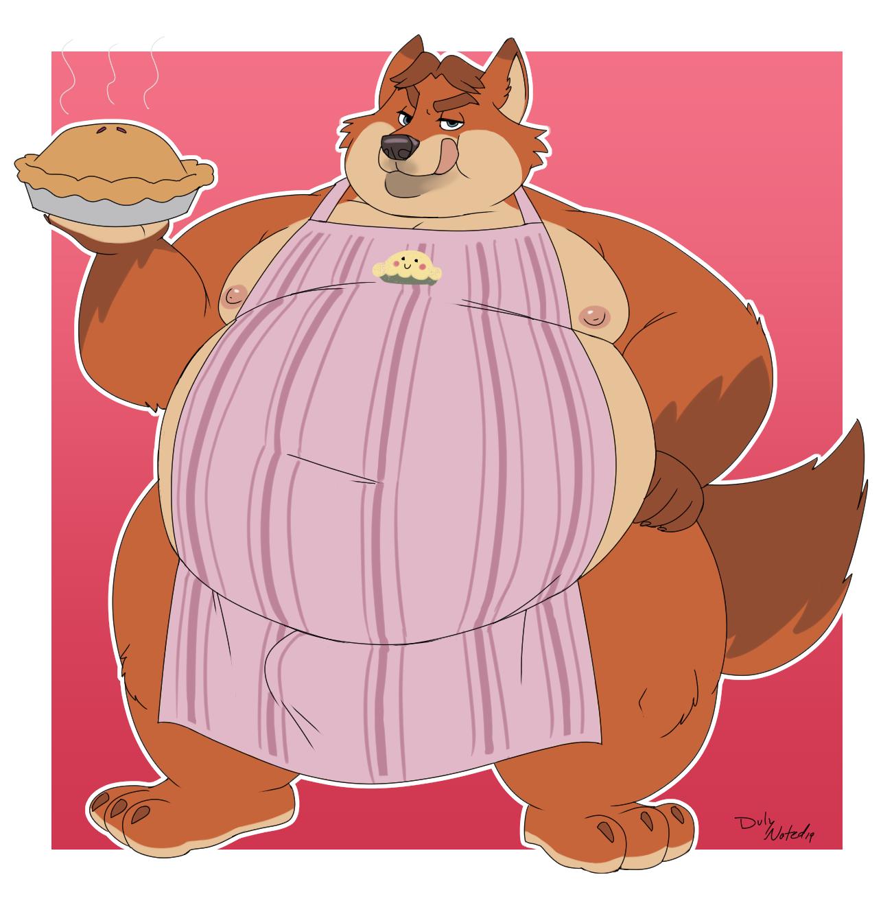 2019 3_toes anthro apron brown_hair canid canine disney duly_noted food fox gideon_grey hair hi_res male male_only mammal morbidly_obese morbidly_obese_male naked_apron nipples obese obese_male overweight overweight_male pie solo standing tenting toes tongue tongue_out zootopia