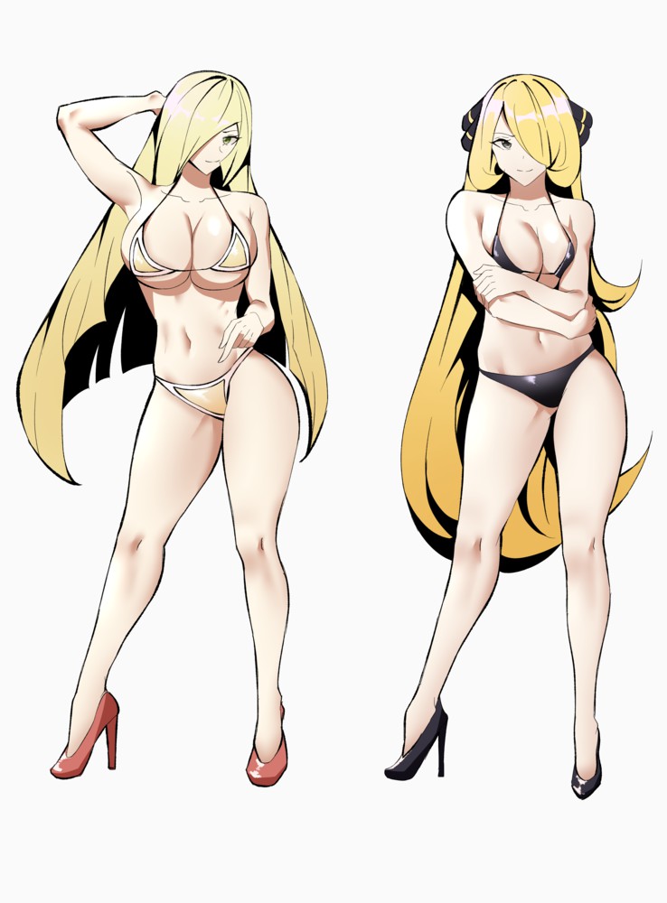 2girls, abs, aether foundation, armpits, artist request, bangs, big breasts, bikini, blonde hair, breasts, cynthia (pokemon), duo, female, full body, game freak, green eyes, hair over one eye, high heels, long blonde hair, long hair, lusamine (pokemon), nintendo, pokemon, pokemon dppt, pokemon sm, pose, showing off, silver eyes, smile, source request, suggestive, swimsuit, white background