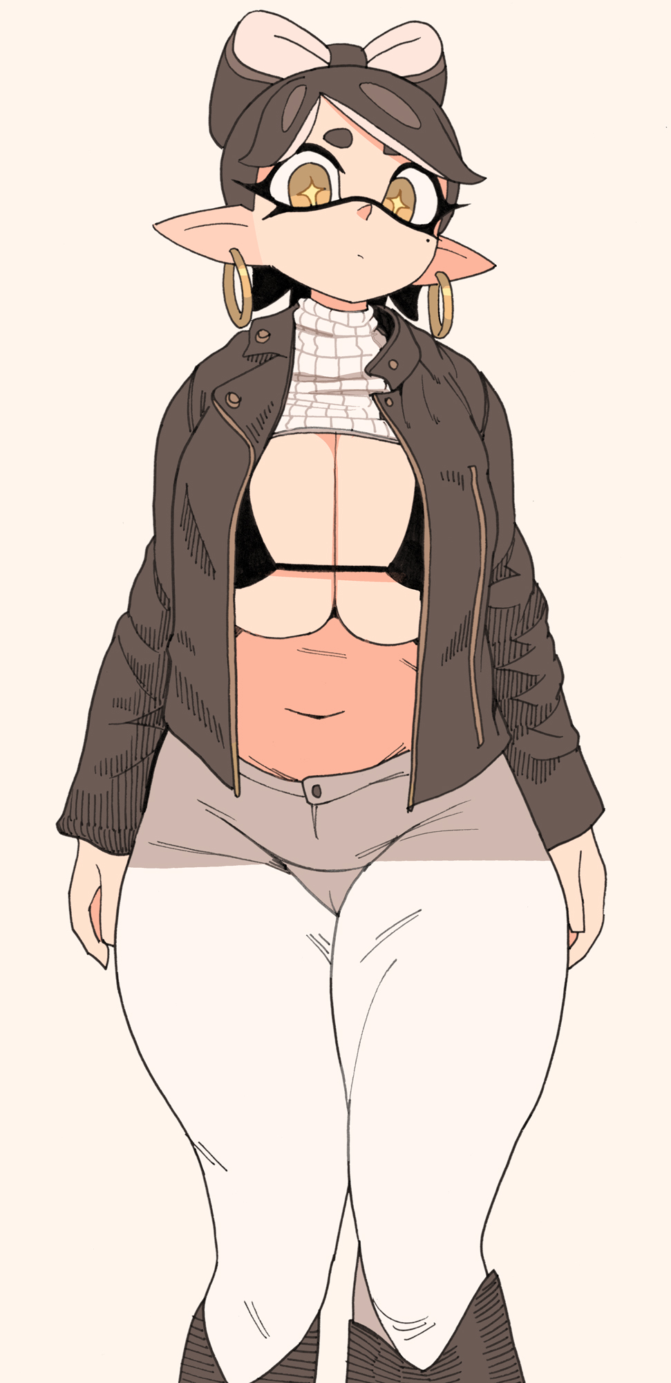 1girls, 2d, big breasts, bikini, black hair, breasts, callie (splatoon), cleavage, clothed, cowboy shot, digital media, female, hips, huge breasts, inkling, light skin, light-skinned female, long hair, navel, nintendo, simple background, skindentation, splatoon, splatoon (series), standing, tentacle hair, underboob, yuta agc