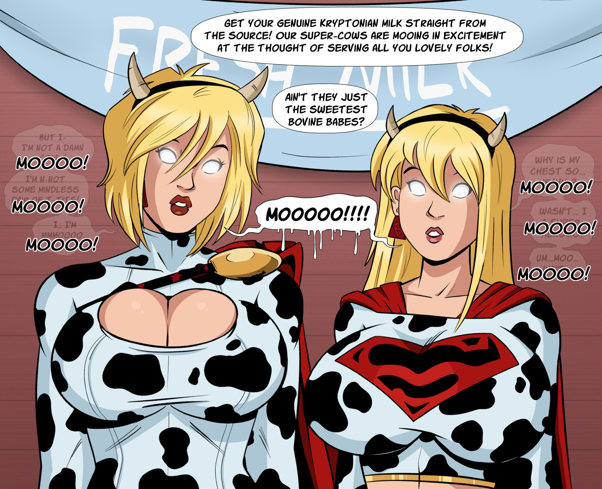 alien, alien girl, alien humanoid, blank eyes, blonde hair, boob window, brain drain, brainwashing, breasts, cape, comic, corruption, costume, cow horns, cow horns headband, cow print, cowprint, dc, dc comics, dialogue, ear tag, earrings, english, english text, female, glowing eyes, hairband, headband, hypnosis, kryptonian, large breasts, lipstick, mind control, moo, mooing, polmanning, power girl, red lipstick, speech bubble, supergirl, superheroine, superman (series), text, thought bubble