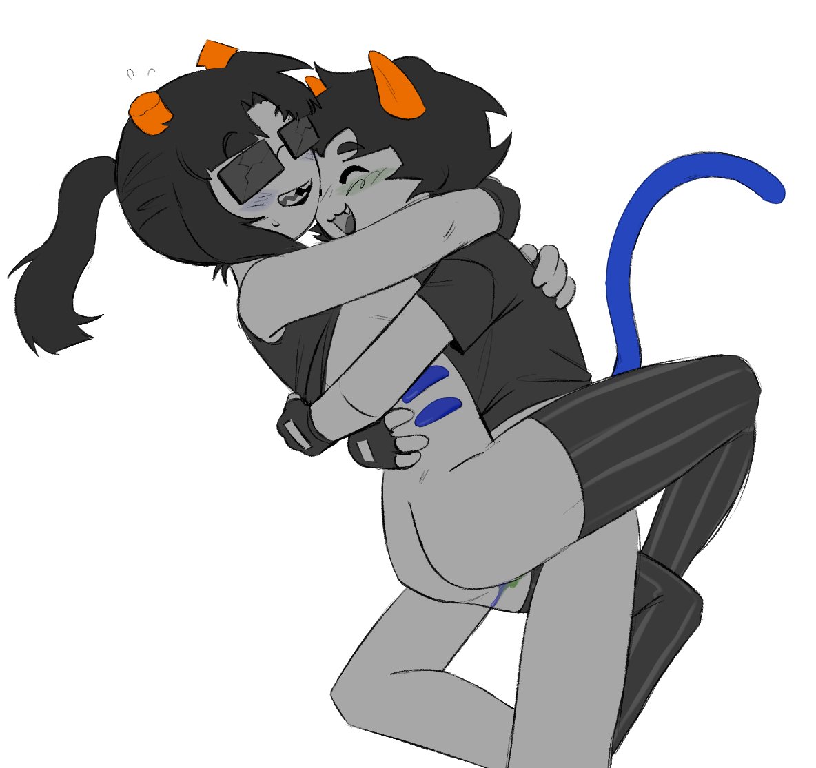 2girls alien alien_genitalia alien_humanoid alien_penis black_hair bottomless cc color colored colored_skin equius_zahhak female female_focus female_only full_color genderswap genderswap_(mtf) grey_skin homestuck homestuck_troll horn horns hugging humanoid humanoid_alien ilovedoggirls nepeta_leijon partially_clothed partially_clothed_female rule63 shirt shirt_only short_hair stockings sunglasses t-shirt tentabulge tentacle thigh_highs thighhighs troll tshirt yuri