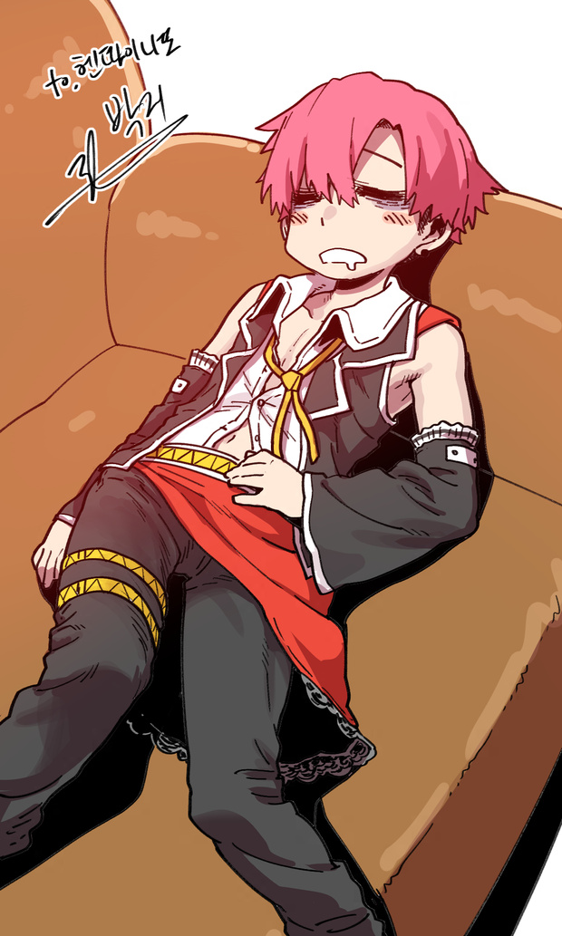 1boy, bags under eyes, couch, dress, femboy, male, male only, park jinim (parkgee), purple hair, sissy, skirt, sleeping, solo, tired