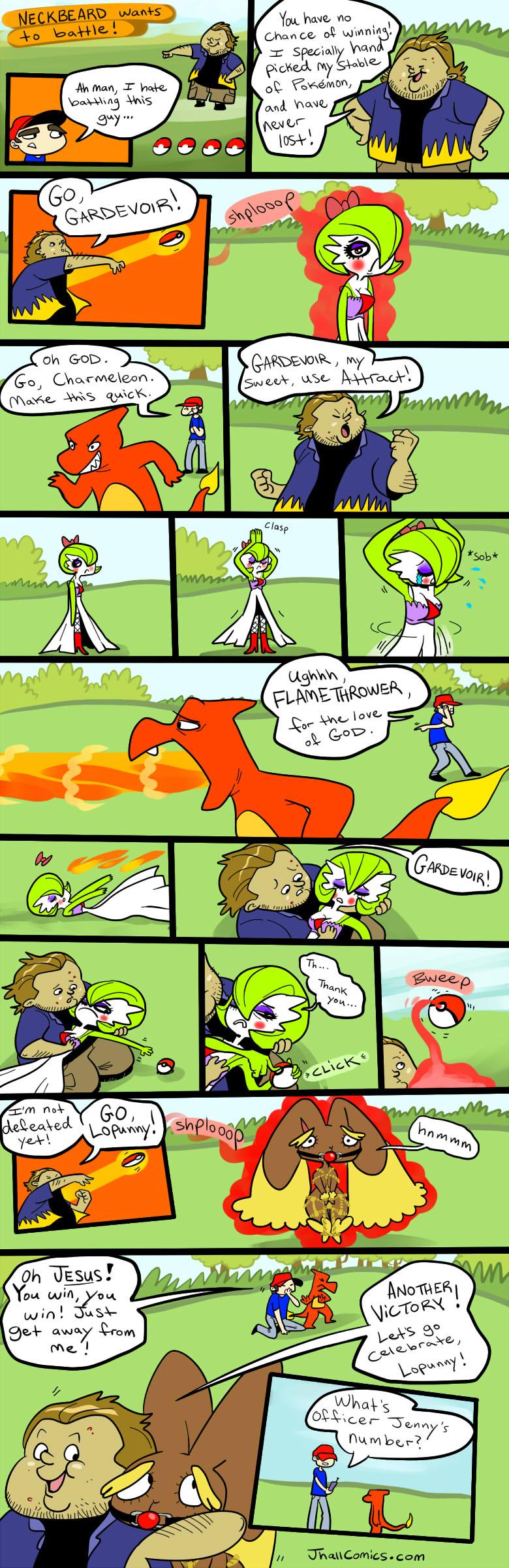 2013 ambiguous_gender anthro ball_gag bondage bow charmeleon comic crying dialogue english_text female_pokemon/male_human fishnets funny furry gardevoir high_heel_boots jhall_comics lopunny makeup male_human/female_pokemon mouth_gag neckbeard no_sex parody pokemon pokemon_(species) pokephilia text_bubble tied_up touching_breast ugly_bastard