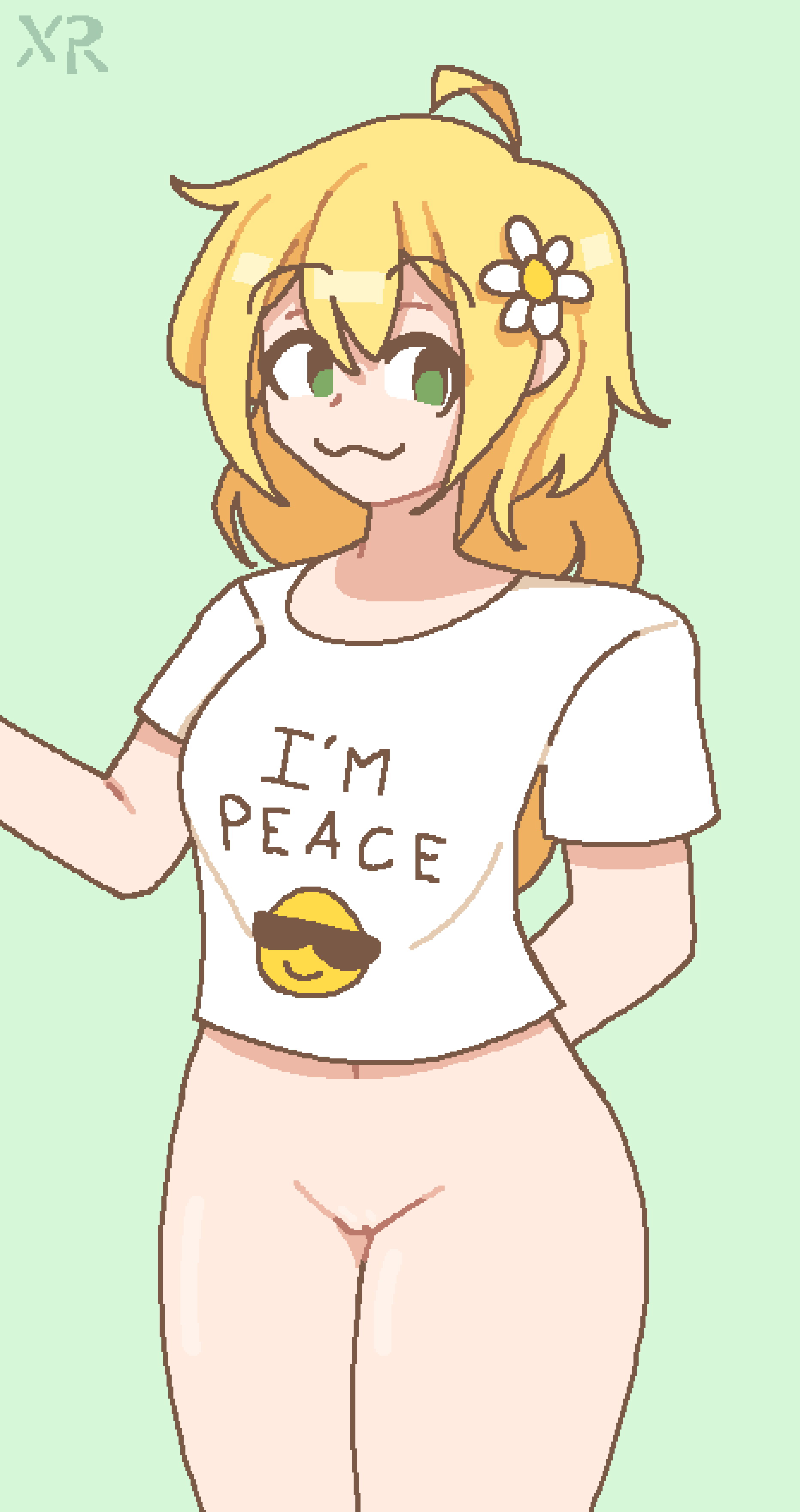 blonde_hair bottomless floral_foxingdale flower_in_hair green_eyes imxr24 ms_paint original_character uncensored white_shirt