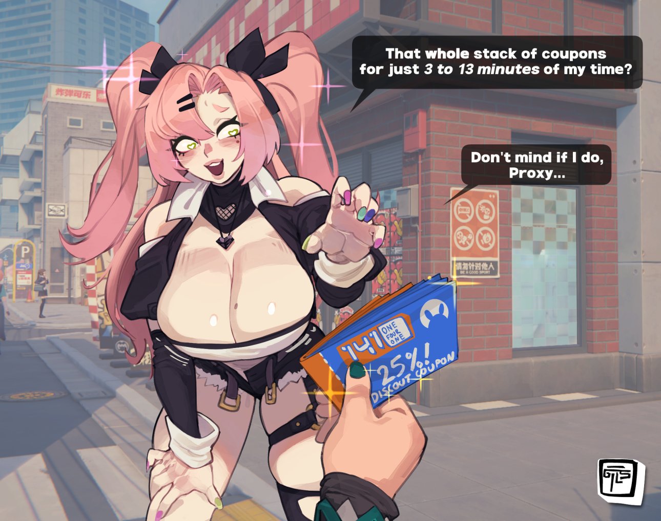1girls, big breasts, breasts, cleavage, detailed background, dialogue, english text, female, gattles, green eyes, hair ribbon, hairclip, heart-shaped pupils, long hair, mole, mole on breast, mole under eye, nicole demara, pink hair, pov, prostitution, speech bubble, twintails, zenless zone zero