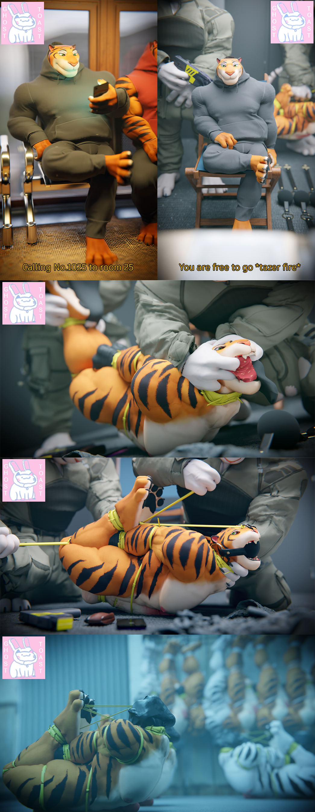 3d_(artwork) 5_toes abs absurd_res anthro ball_gag bondage bound comic cuff_(restraint) digital_media_(artwork) disney english_text feet forced gag gagged ghostoast group helpless hi_res hogtied male military muscular muscular_anthro muscular_male muscular_sub nipples nose_hook nude paws pecs plantigrade restrained restraints rope shackles submissive submissive_male text tiger_dancer_(zootopia) toes widescreen yaoi zootopia