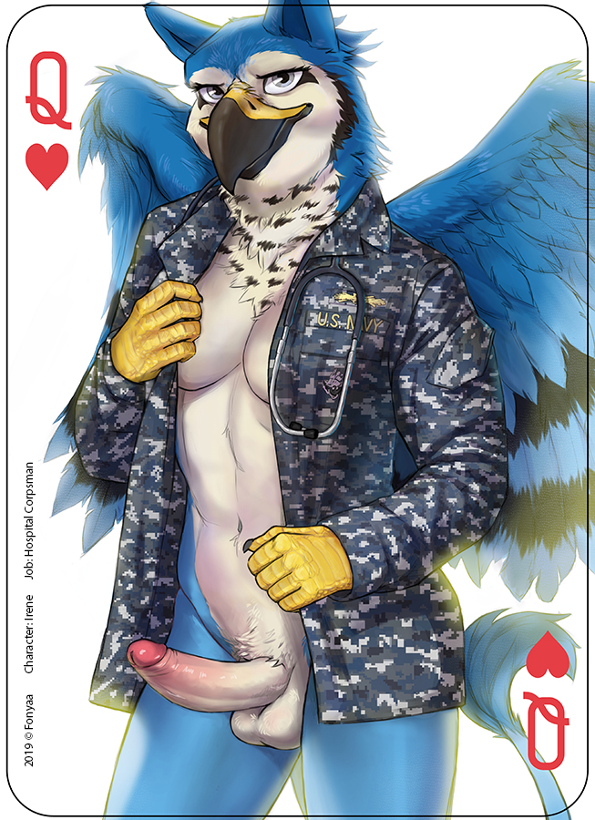 1futa 2019 abs anthro avian balls beak black_beak black_feathers black_fur blue_feathers blue_fur bottomless breasts camo card clothed clothing digital_media_(artwork) english_text erection feathered_wings feathers fonyaa fur futanari glans grey_eyes gryphon gynomorph heart humanoid_penis hybrid intersex looking_at_viewer male_only military navel navy penis playing_card shirt simple_background small_breasts solo standing stethoscope text topwear white_background white_fur wings