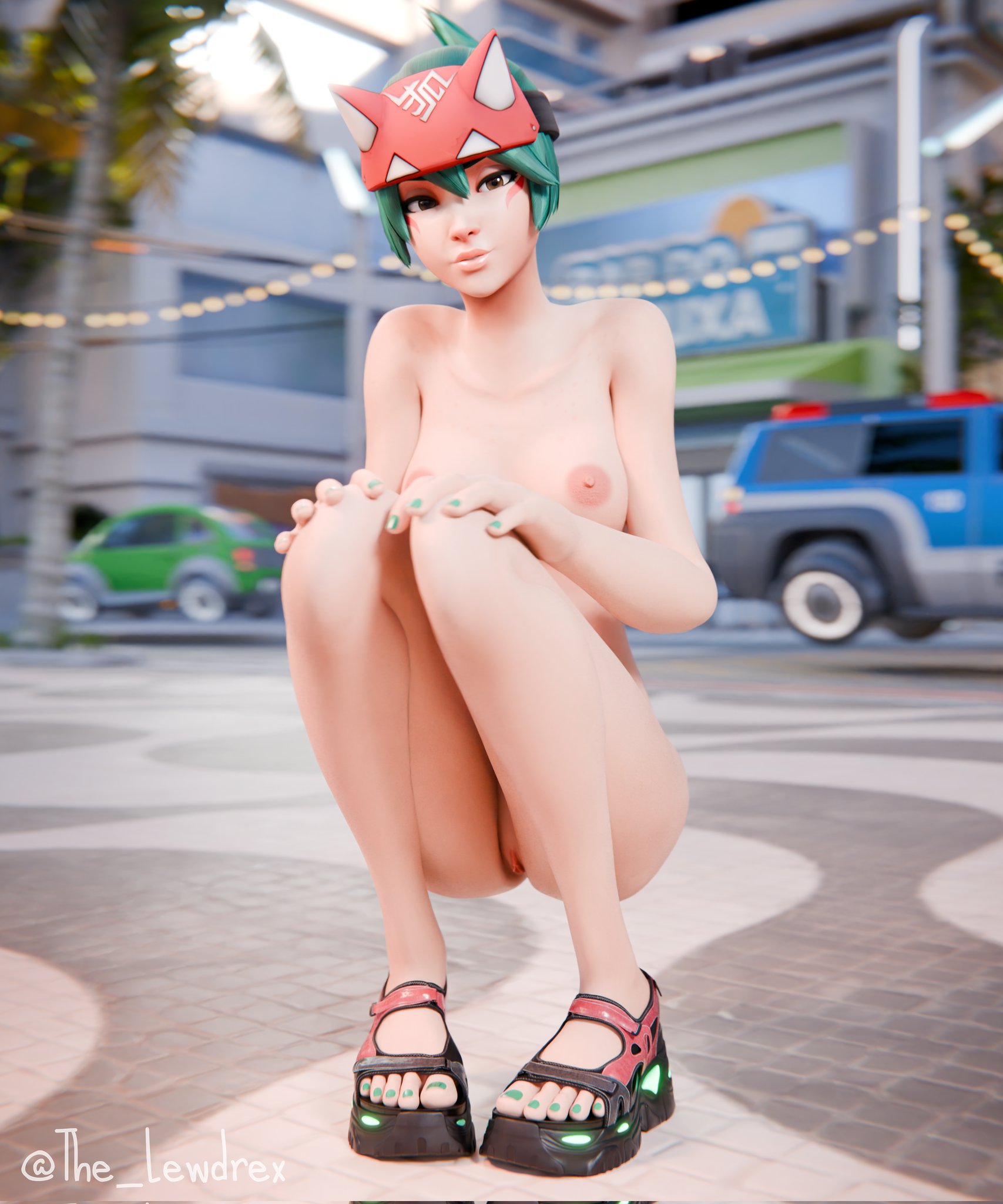 1girls, 2024, 3d, areolae, asian, asian female, blender, blizzard entertainment, breasts, completely nude, exhibitionism, face markings, facial markings, female, female focus, female only, green hair, headband, headwear, hi res, highres, japanese, japanese female, kiriko (overwatch), kiriko kamori, lewdrex, light skin, light-skinned female, looking at viewer, medium breasts, naked footwear, nipples, nude, nude female, outdoor nudity, outdoors, outside, overwatch, overwatch 2, presenting, presenting breasts, presenting pussy, public, public nudity, pussy, pussy lips, pussy peek, solo, solo focus, squat, squatting, squatting position, tease, teasing, vagina, watermark