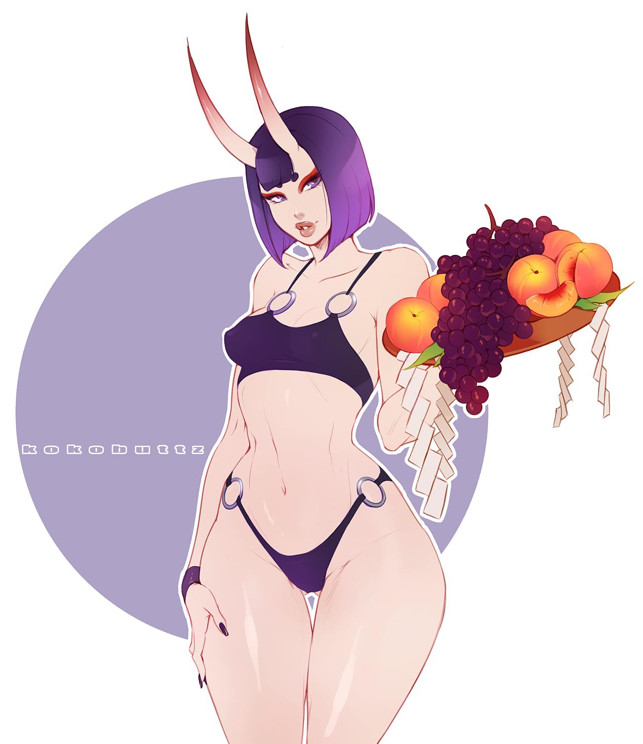 1girls, artist name, bikini, fate (series), fate/grand order, female, female only, fruit, grapes, horns, kokobuttz, peach (fruit), purple hair, shuten douji (fate), solo, thighs, watermark
