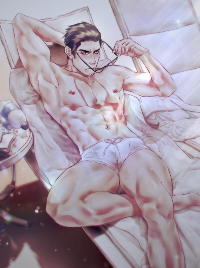 abs armpits big_pecs facial_hair glasses kiryu_kazuma like_a_dragon_(series) male_only muscular muscular_male muscular_thighs nipples outside pecs pink_nipples posing rgg_studio ryuu_ga_gotoku solo_focus solo_male swimwear thick_thighs visible_penis_shape white_speedo yakuza_(series)