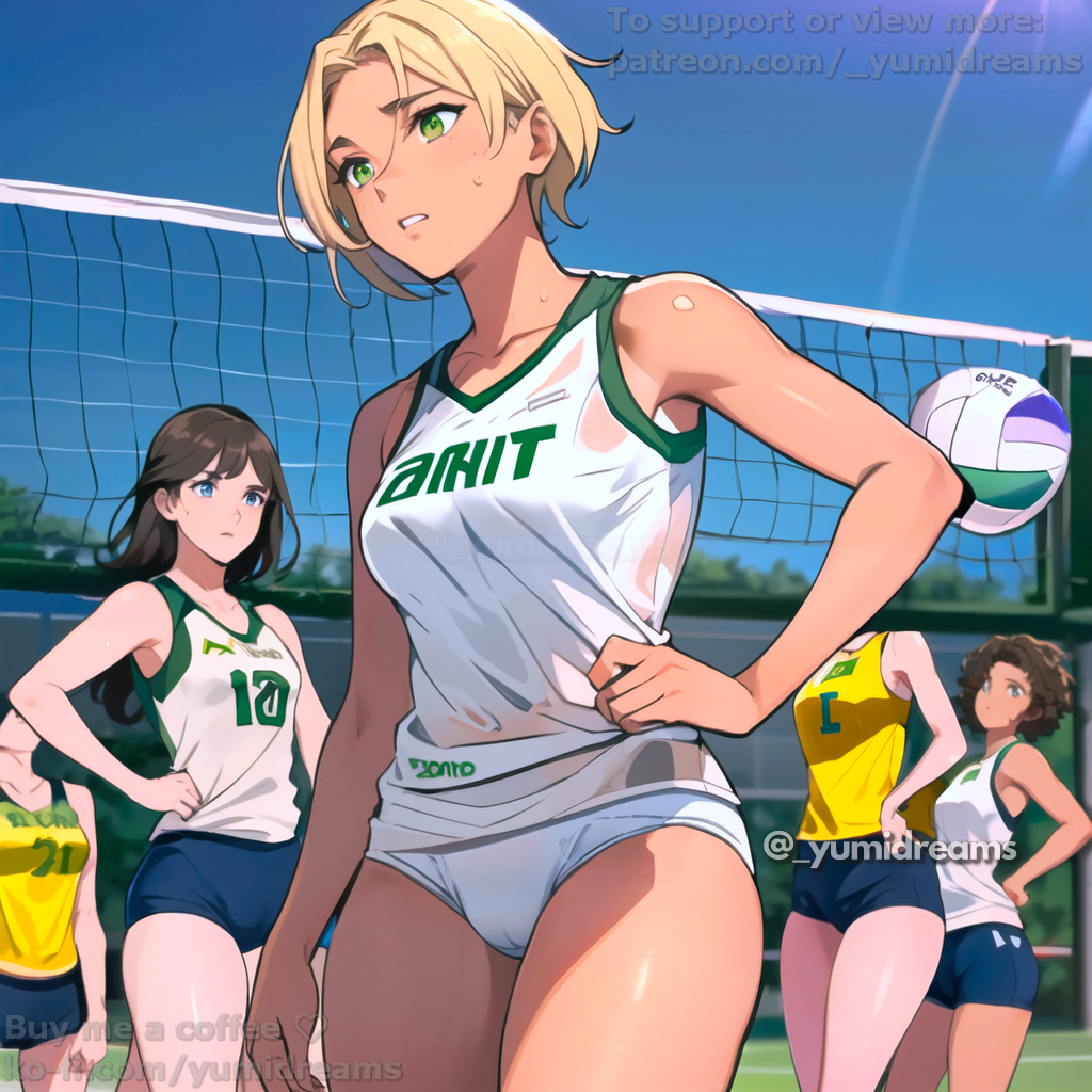 _yumidreams ai_generated athletic_female blonde_hair cameltoe green_eyes multiple_girls olympics original original_character short_hair sport sweat sweaty_body tanned_female tanned_skin thick_thighs thighs transparent_clothing volleyball wet_clothes