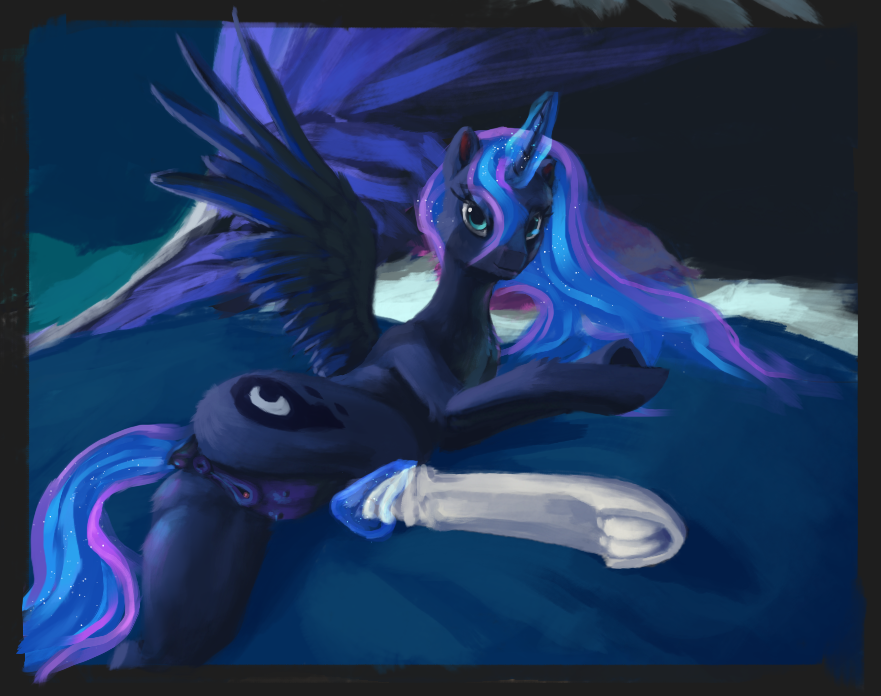 alicorn bed clothing crotchboobs eqlipse_(artist) equid equine female friendship_is_magic furry furry_only horn legwear mammal my_little_pony no_humans nude painterly presenting princess_luna_(mlp) pussy socks solo underhoof wings