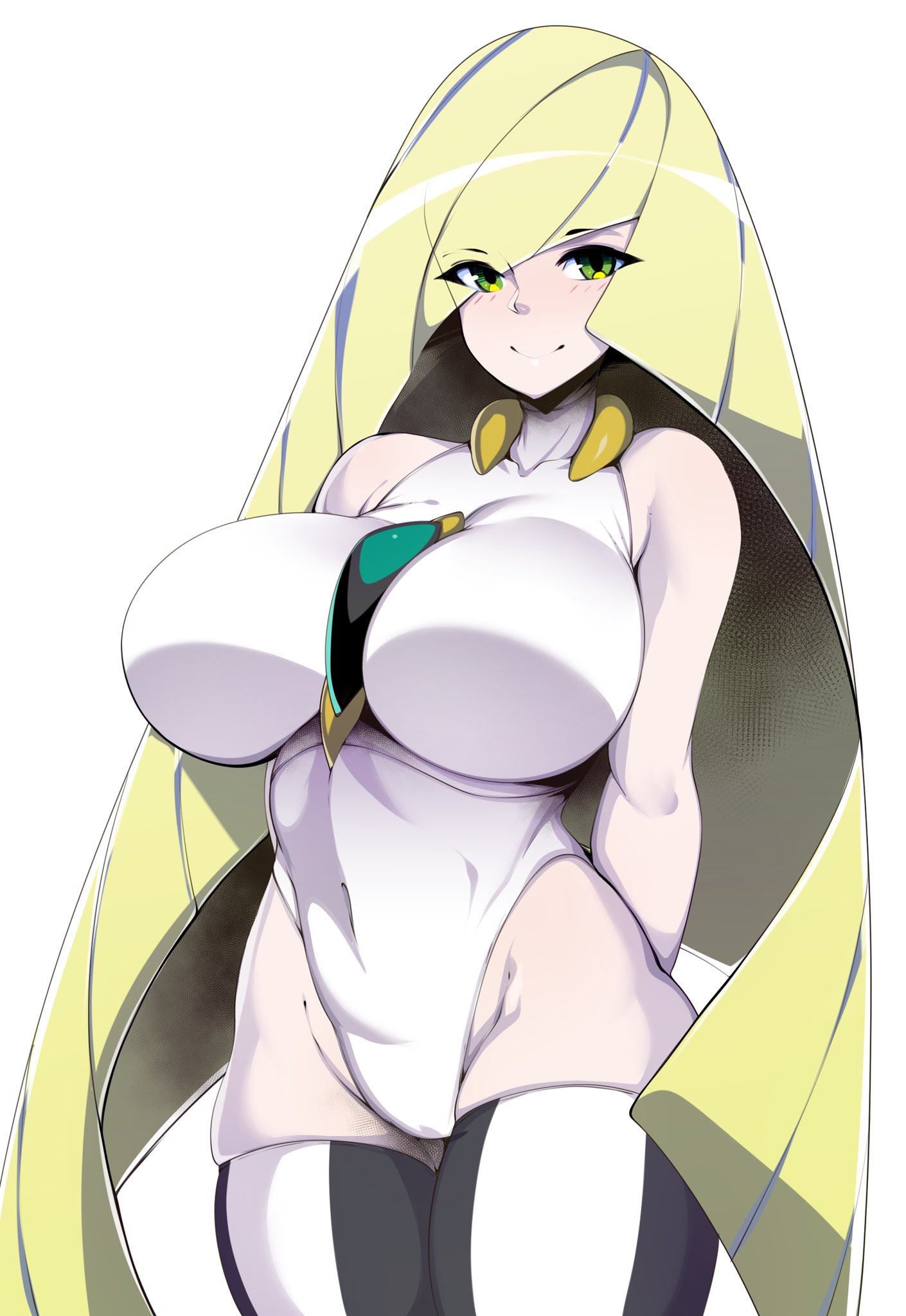 1girls, abs, aether foundation, alternate breast size, big breasts, blonde, blonde hair, breasts, cleavage, clothed, female, female only, green eyes, huge breasts, large breasts, long hair, looking at viewer, lusamine (pokemon), milf, mother, nintendo, pokemon, pokemon sm, simple background, slugbox, solo, solo female, standing, thighhighs, white background, wide hips