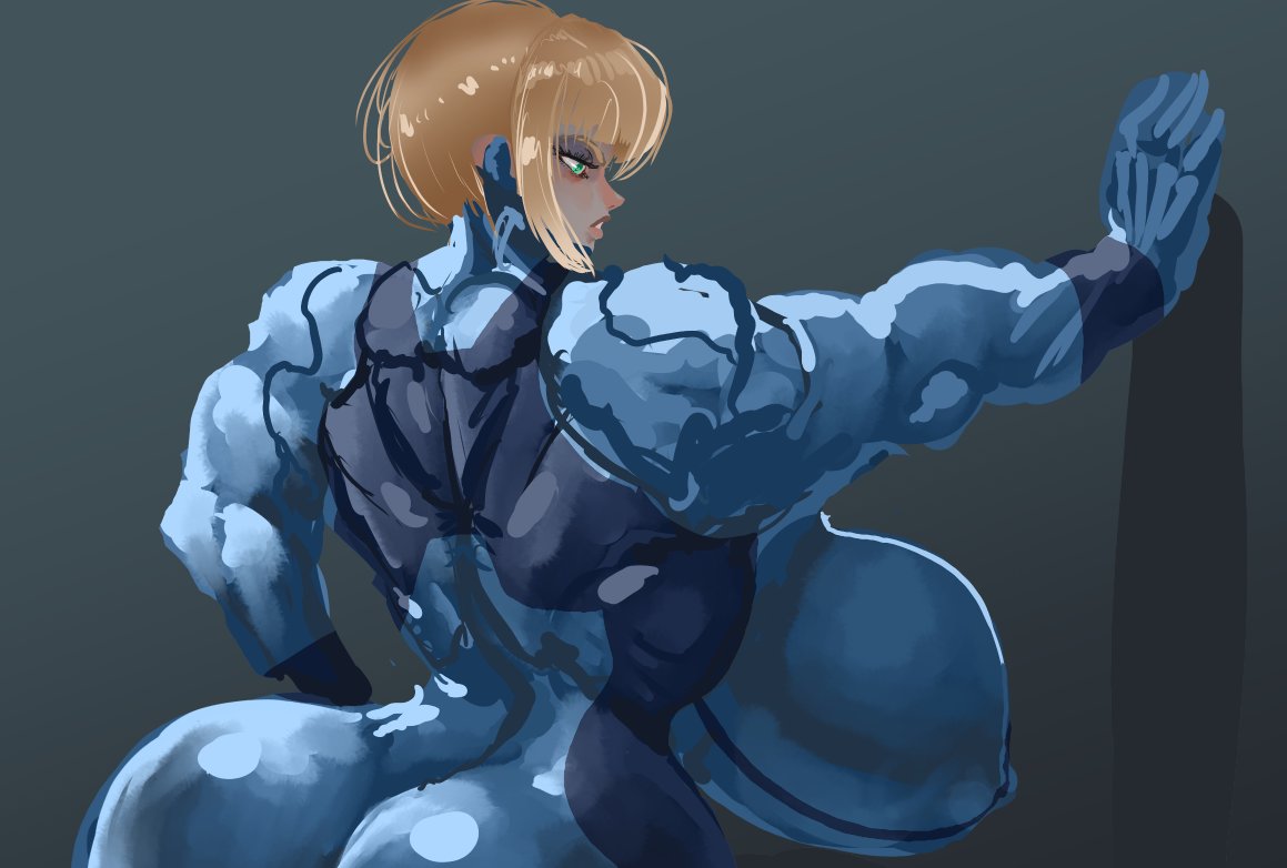 big_ass big_breasts blonde_hair blue_clothing gausscannon latex latex_suit metroid muscular muscular_female nintendo samus_aran samus_aran_(cosplay) suit thick_ass thick_thighs