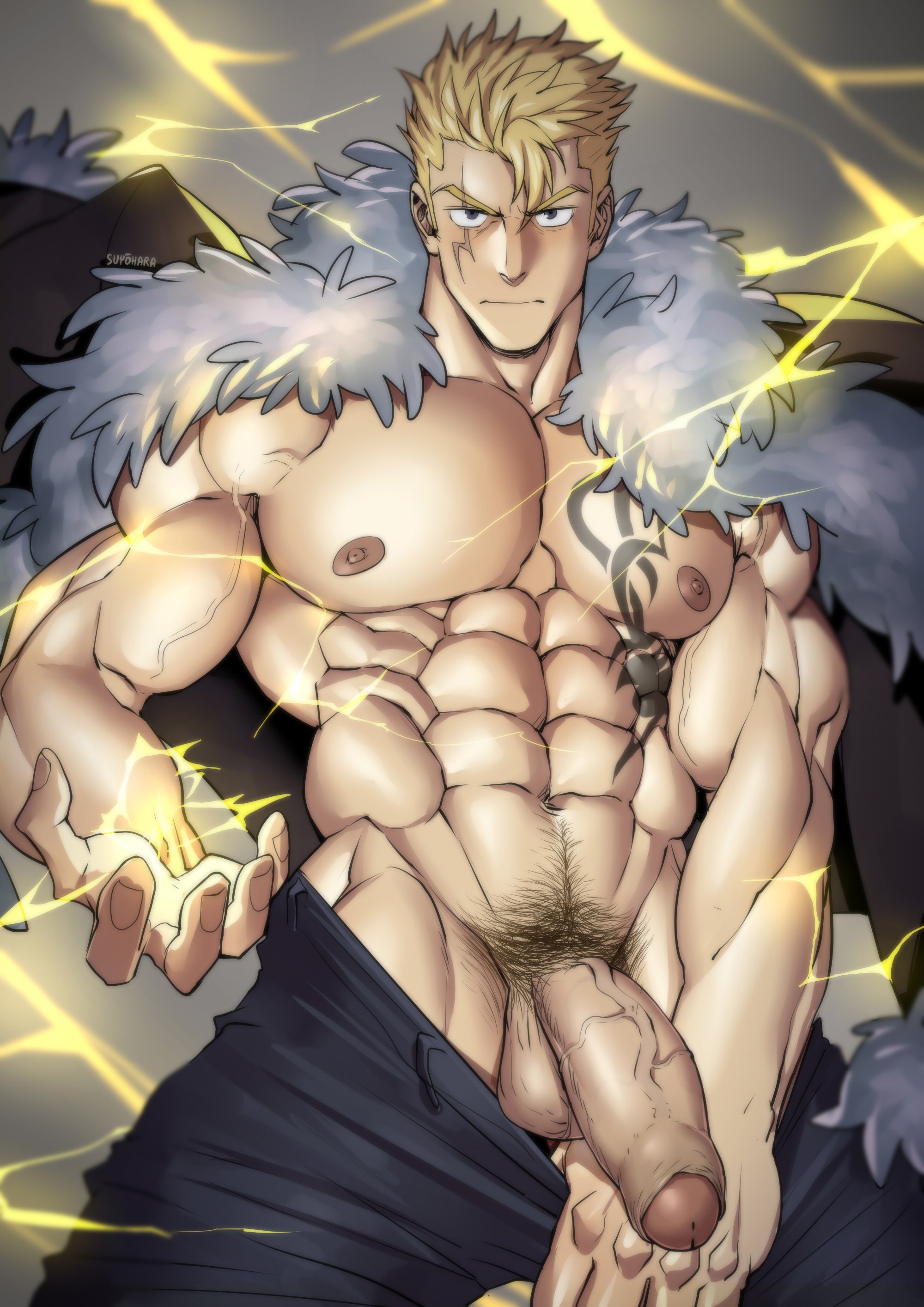fairy tail, foreskin, gay, laxus dreyar, male, male only, partially retracted foreskin, penis, retracted foreskin, suyohara, uncircumcised, yaoi