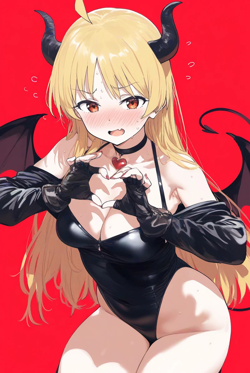 ai_generated bare_thighs big_breasts blonde_hair blush bocchi_the_rock! brown_eyes demon_girl demon_tail demon_wings halloween heart_fingers huge_breasts huge_thighs ijichi_seika large_breasts light-skinned_female light_skin long_hair looking_at_viewer oiled_body oiled_skin solo_female squatting succubus succubus_horns sweat sweatdrop tarte_(artist) thick_body thick_female thick_thighs thighs voluptuous voluptuous_female