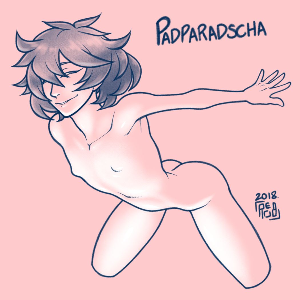 2018 ambiguous_gender androgynous ass english_text hair land_of_the_lustrous monochrome nipples padparadscha_(land_of_the_lustrous) petite reabault simple_background solo text true_flat_chest