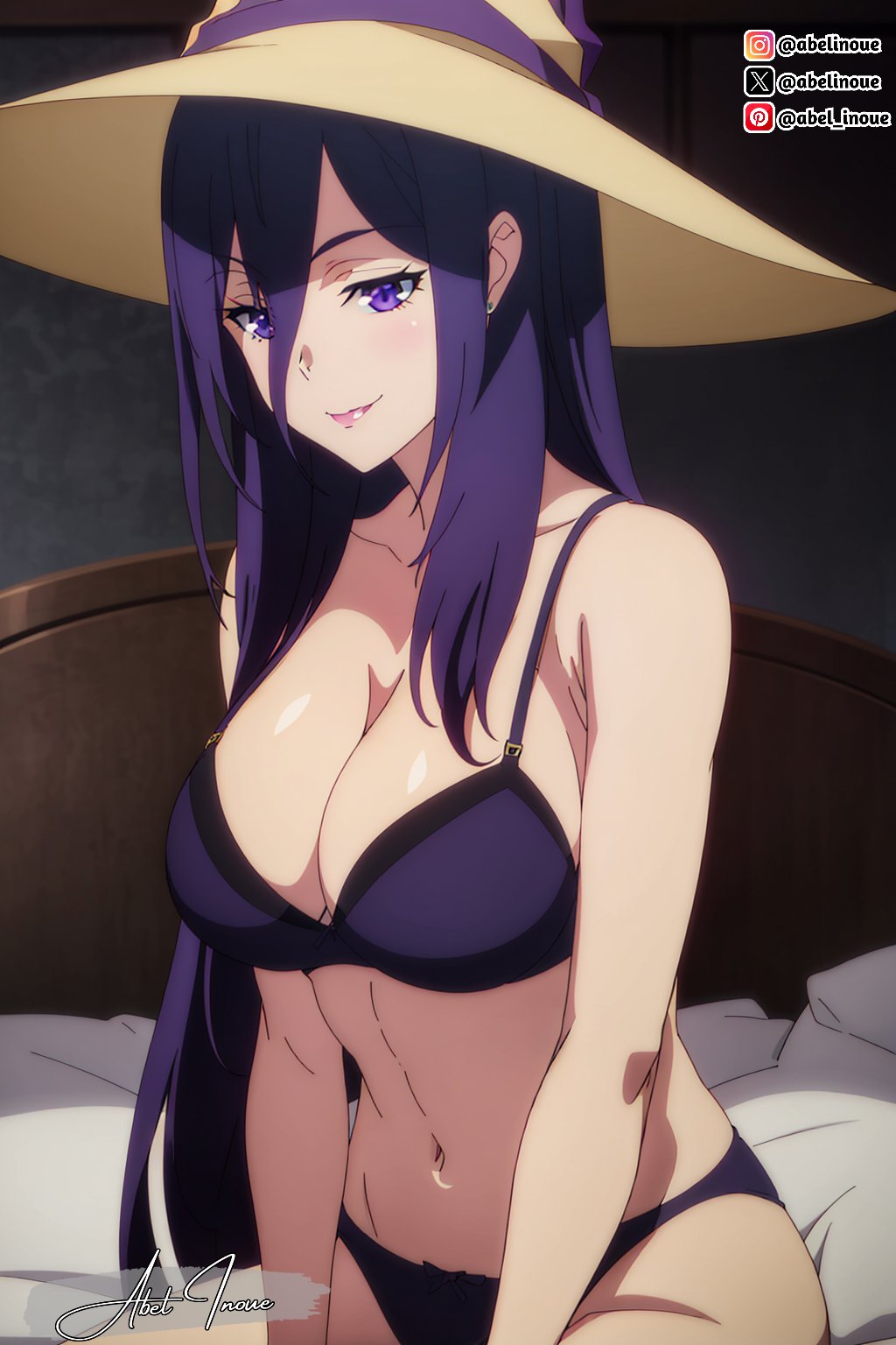 1girls ai_generated bikini cefiro maougun_saikyou_no_majutsushi_wa_ningen_datta on_bed purple_eyes purple_hair smile solo solo_female solo_focus witch