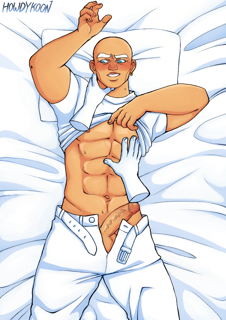 1boy abs bald bald_man bed_sheets blue_eyes blush circumcised erection gay hands howdychan mr._clean mr_musculo penis pillow shirt shirt_lift six_pack tanned underwear white_clothing white_shirt yaoi