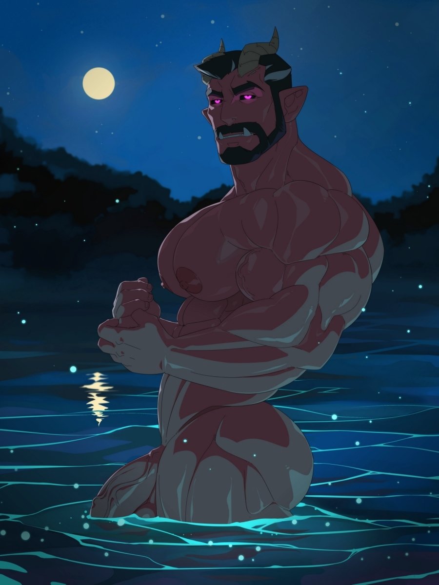 1boy abs ass bara beard biceps black_hair colored_skin completely_nude demon demon_boy demon_horns facial_hair flaccid forest glowing glowing_eyes grey_hair highres horns huge_ass huge_pectorals in_water kartos lake lesser_(kartos) light_particles looking_at_viewer male_focus manly mature_male moon multicolored_hair muscular muscular_male nature night night_sky nipples nude original outdoors penis pink_eyes pointy_ears red_skin short_hair sky solo star_(sky) thick_arms thick_eyebrows thick_thighs thighs tusks veins