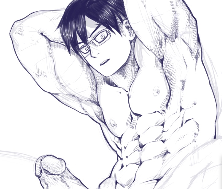 abs armpits arms_behind_head bara biceps big_biceps big_muscles dinnikeato glasses male male_focus male_only muscles muscular muscular_male my_hero_academia naked nipples penis posing sketch spread_legs tenya_iida thighs undercut yaoi