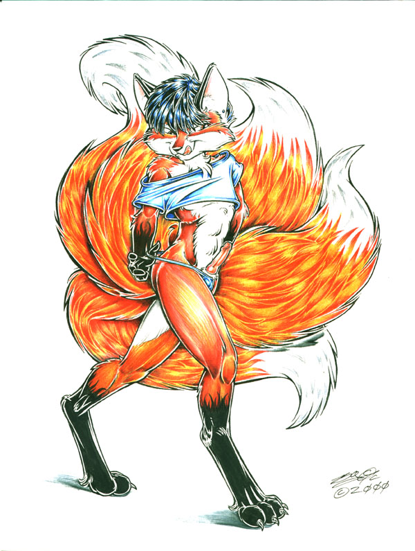 2000 4_tails anthro black_hair blue_clothing blue_crop_top blue_shirt blue_thong blue_topwear blue_underwear brian_o'connell canid canine claws clothing crop_top digitigrade erection femboy fox full-length_portrait fur genitals hair hindpaw humanoid_genitalia humanoid_hands humanoid_penis licking licking_lips licking_own_lips male mammal multi_tail orange_body orange_fur paws penis pink_penis poking_out portrait red_fox seductive shaded shirt signature simple_background solo tail thong toe_claws tongue topwear traditional_media_(artwork) true_fox underwear walking white_background white_body white_fur