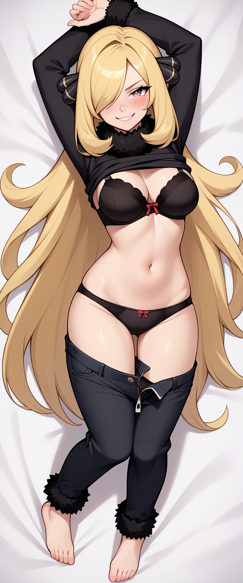 ai_generated arms_up black_bra black_panties black_underwear blonde_hair bra cynthia_(pokemon) dakimakura grey_eyes hair_ornament hair_over_one_eye kslgsnb long_hair long_sleeves looking_at_viewer on_back on_bed panties pants pants_down pokemon pokemon_dppt seductive shirt_lift thick_thighs thighs underwear yodayo